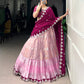 Lorenvalley Pink Zari Kota Zari Weaving Work With Sequins and Thread Embroidery Scallop Lace Border Lehenga Choli with Dupatta | Swadesiicart
