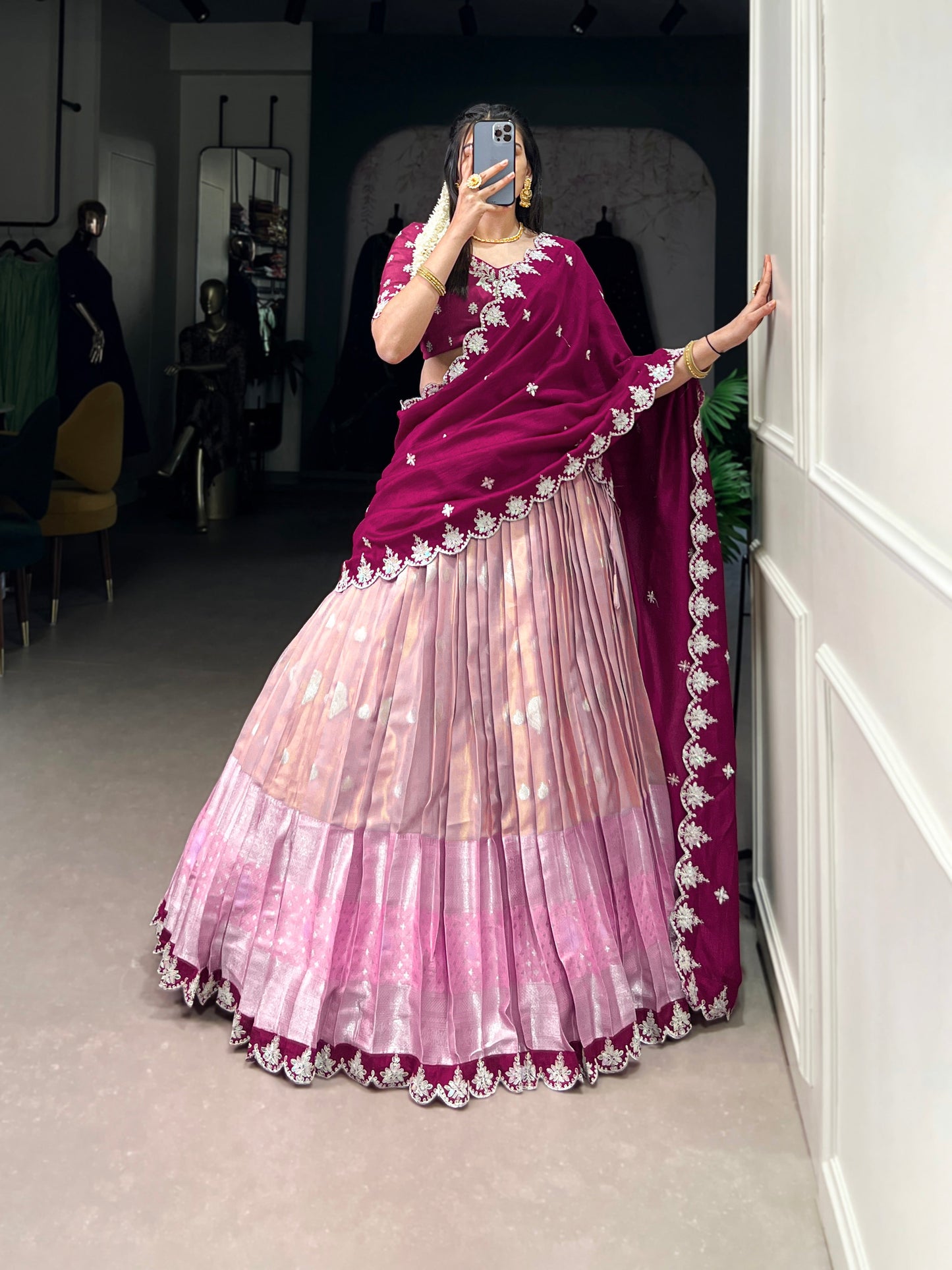 Lorenvalley Pink Zari Kota Zari Weaving Work With Sequins and Thread Embroidery Scallop Lace Border Lehenga Choli with Dupatta | Swadesiicart