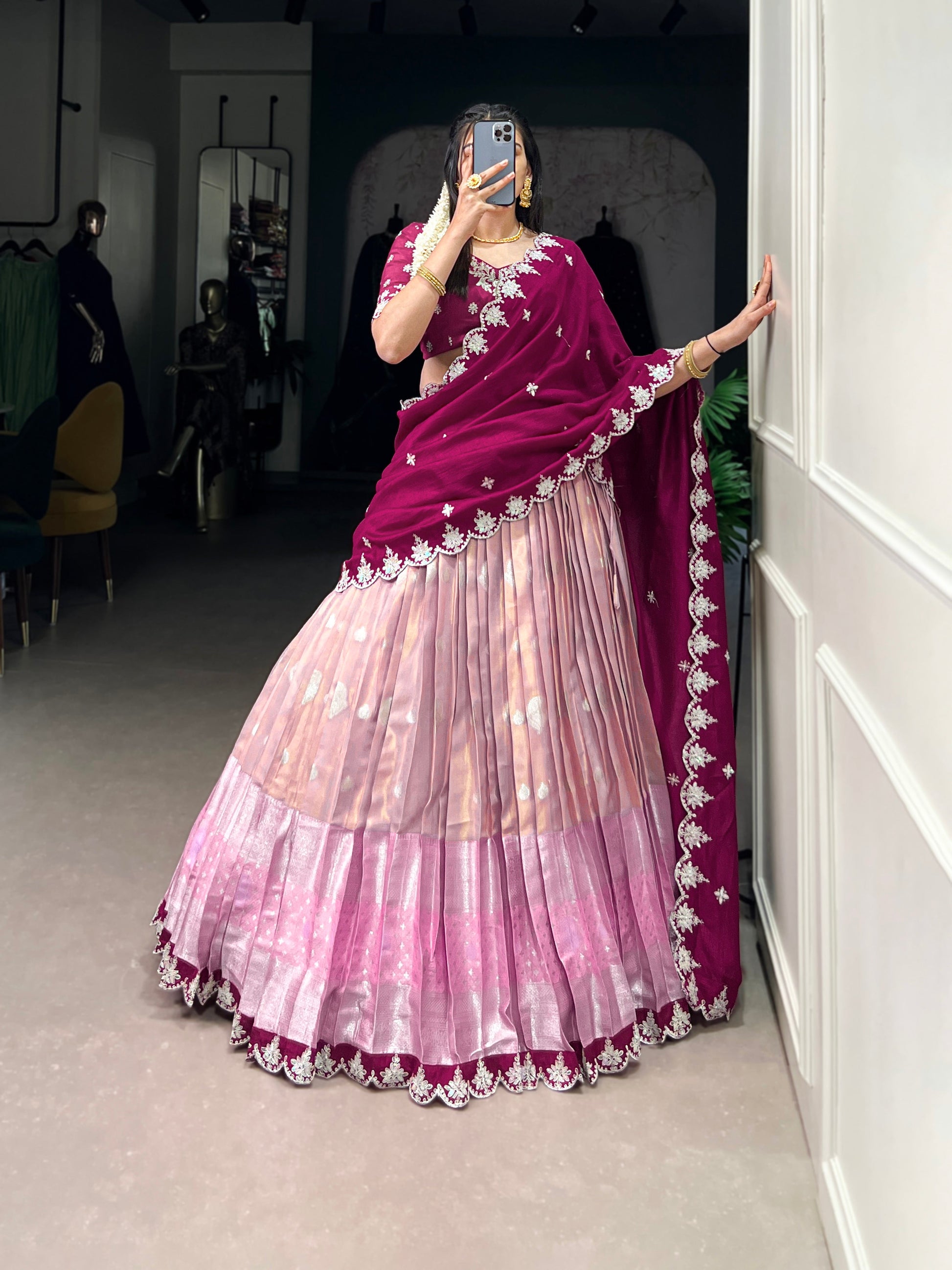Lorenvalley Pink Zari Kota Zari Weaving Work With Sequins and Thread Embroidery Scallop Lace Border Lehenga Choli with Dupatta | Swadesiicart