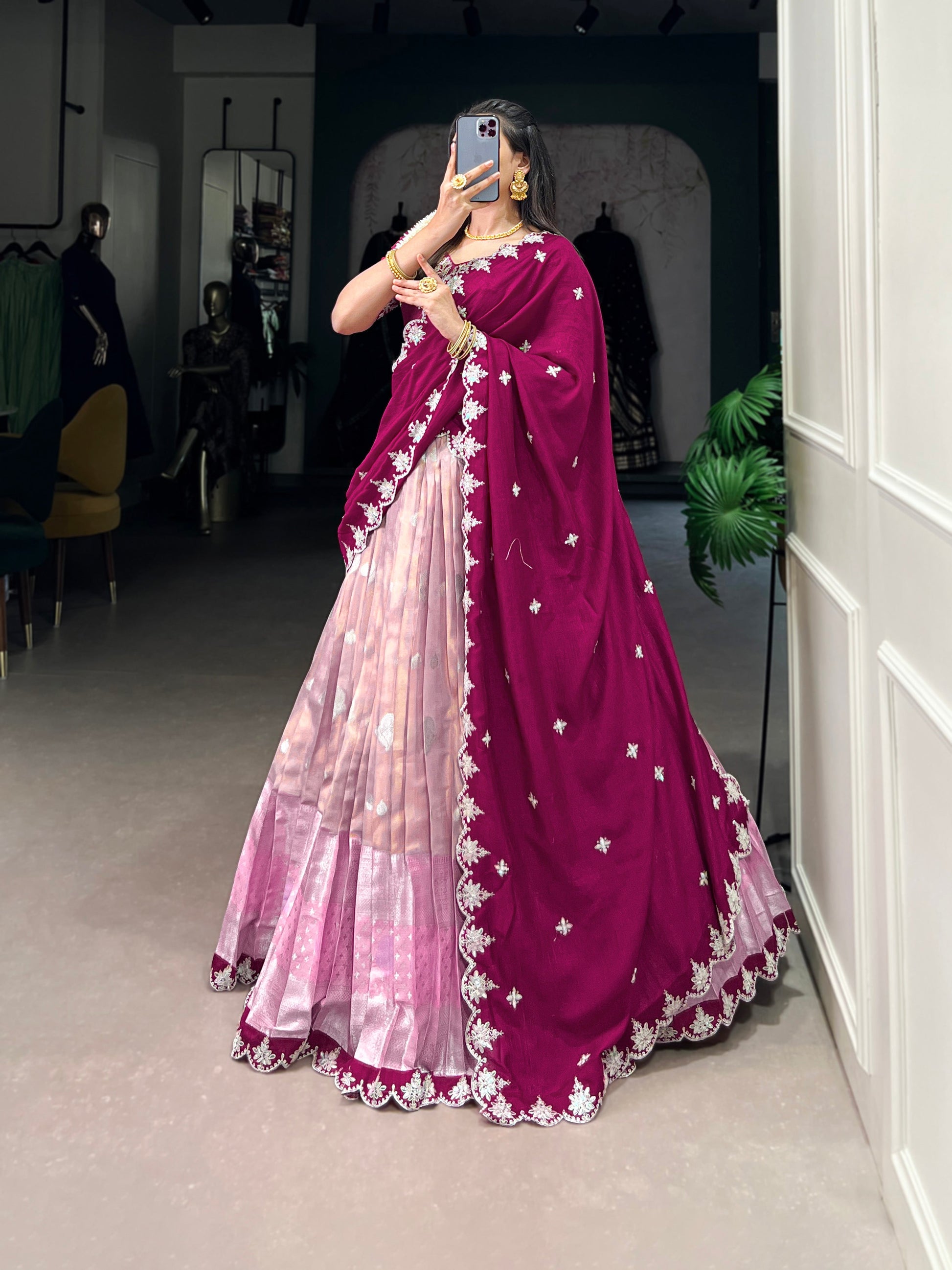 Lorenvalley Pink Zari Kota Zari Weaving Work With Sequins and Thread Embroidery Scallop Lace Border Lehenga Choli with Dupatta | Swadesiicart
