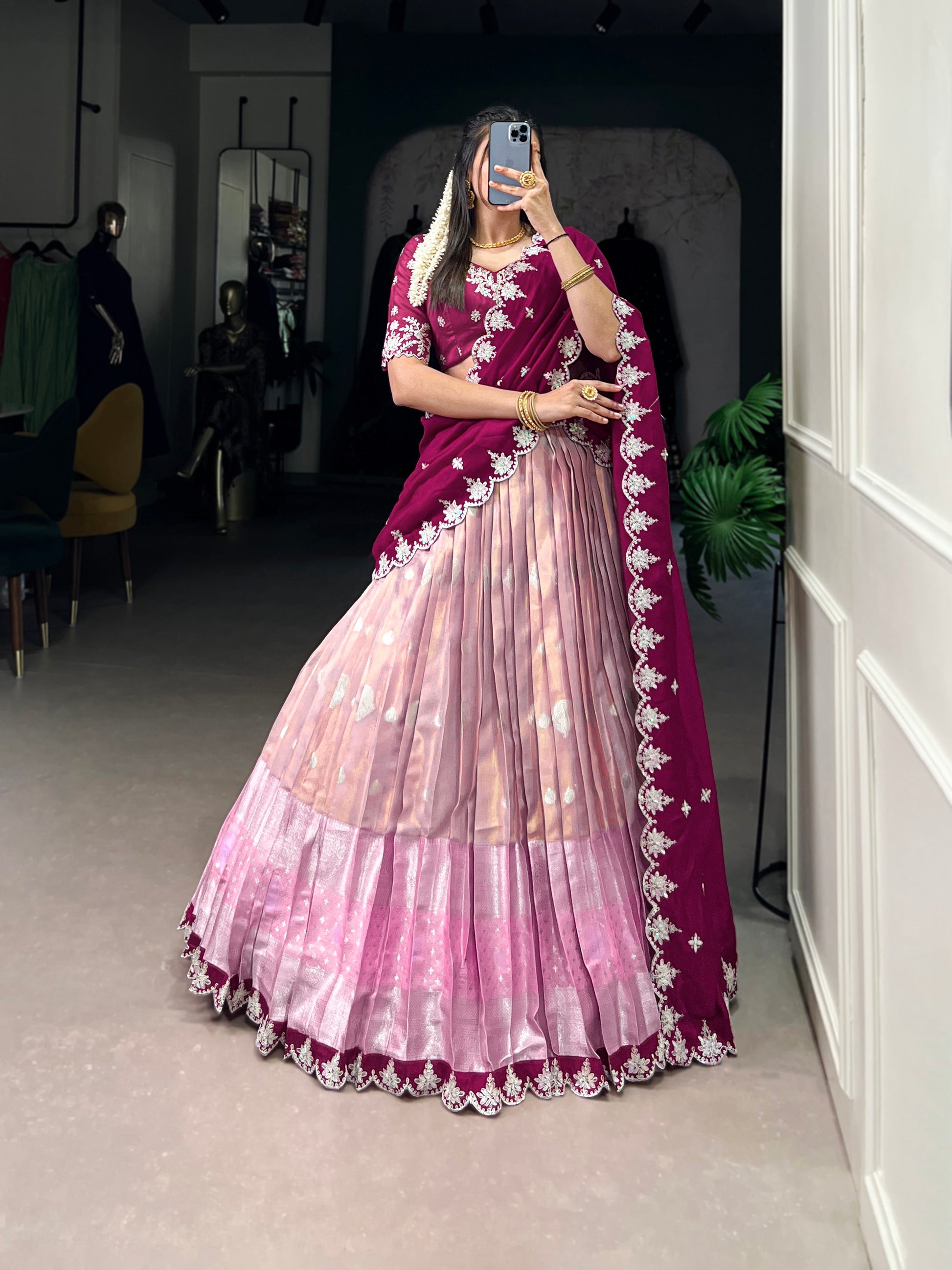 Lorenvalley Pink Zari Kota Zari Weaving Work With Sequins and Thread Embroidery Scallop Lace Border Lehenga Choli with Dupatta | Swadesiicart