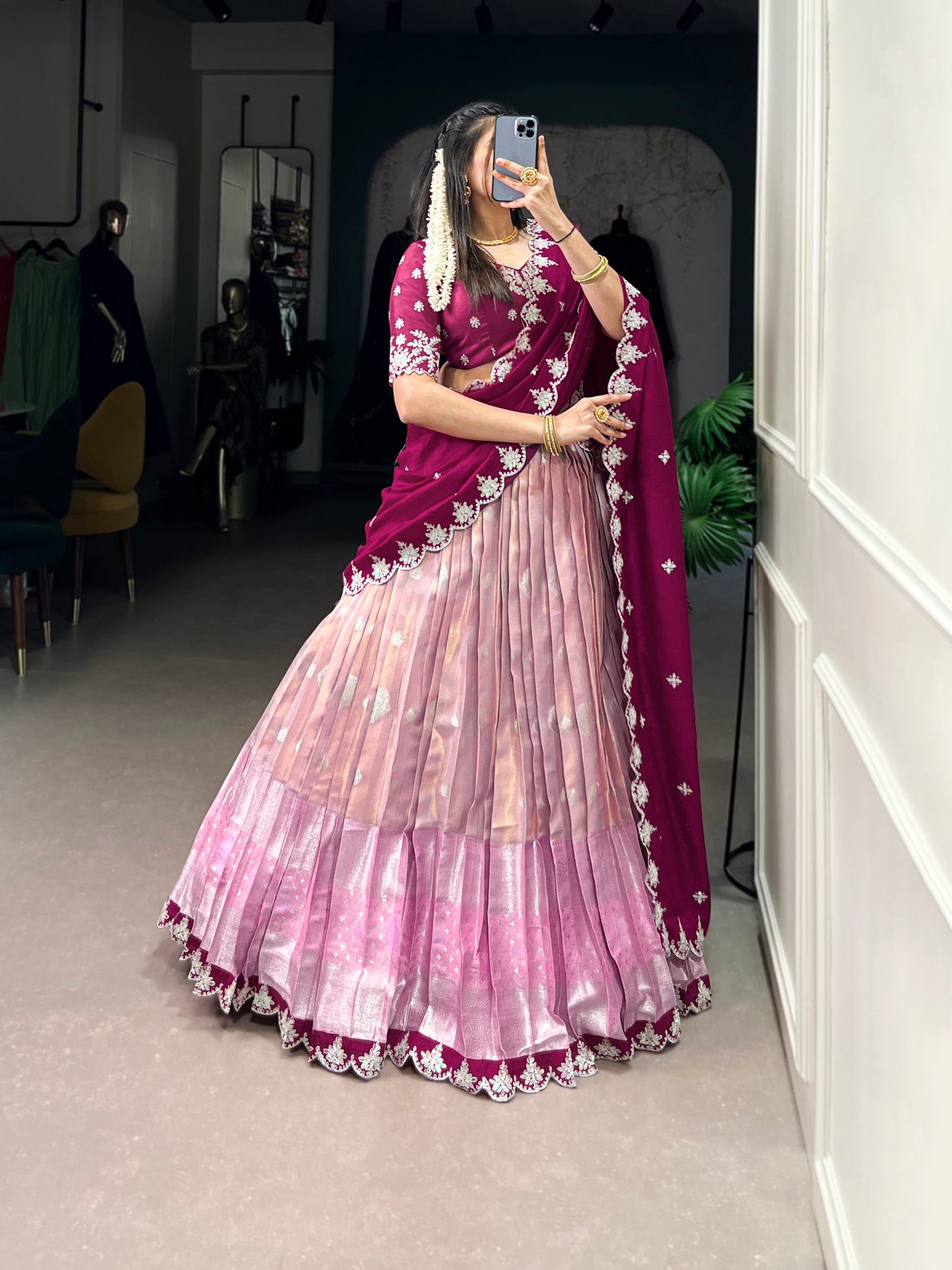 Lorenvalley Pink Zari Kota Zari Weaving Work With Sequins and Thread Embroidery Scallop Lace Border Lehenga Choli with Dupatta | Swadesiicart