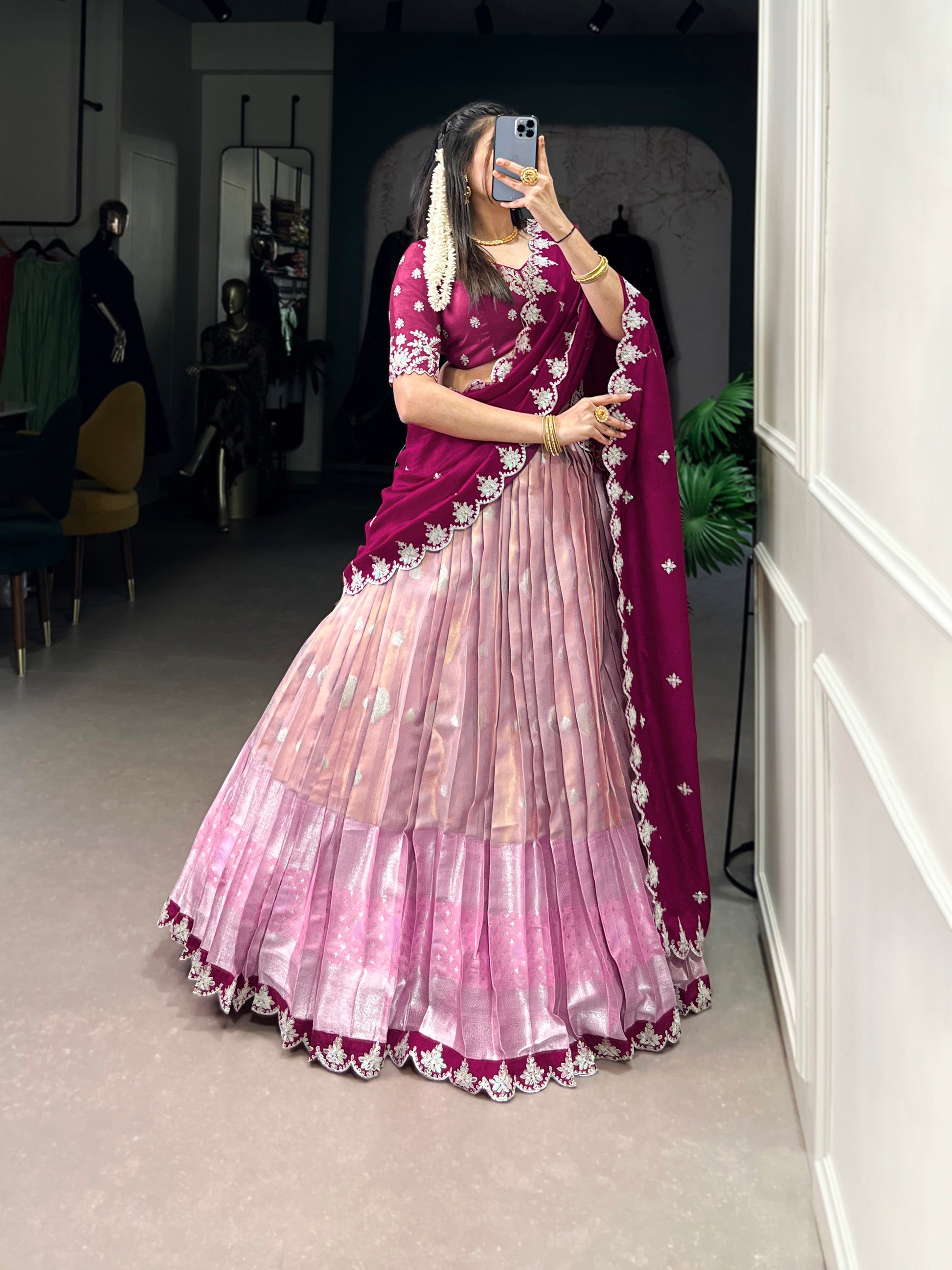 Lorenvalley Pink Zari Kota Zari Weaving Work With Sequins and Thread Embroidery Scallop Lace Border Lehenga Choli with Dupatta | Swadesiicart