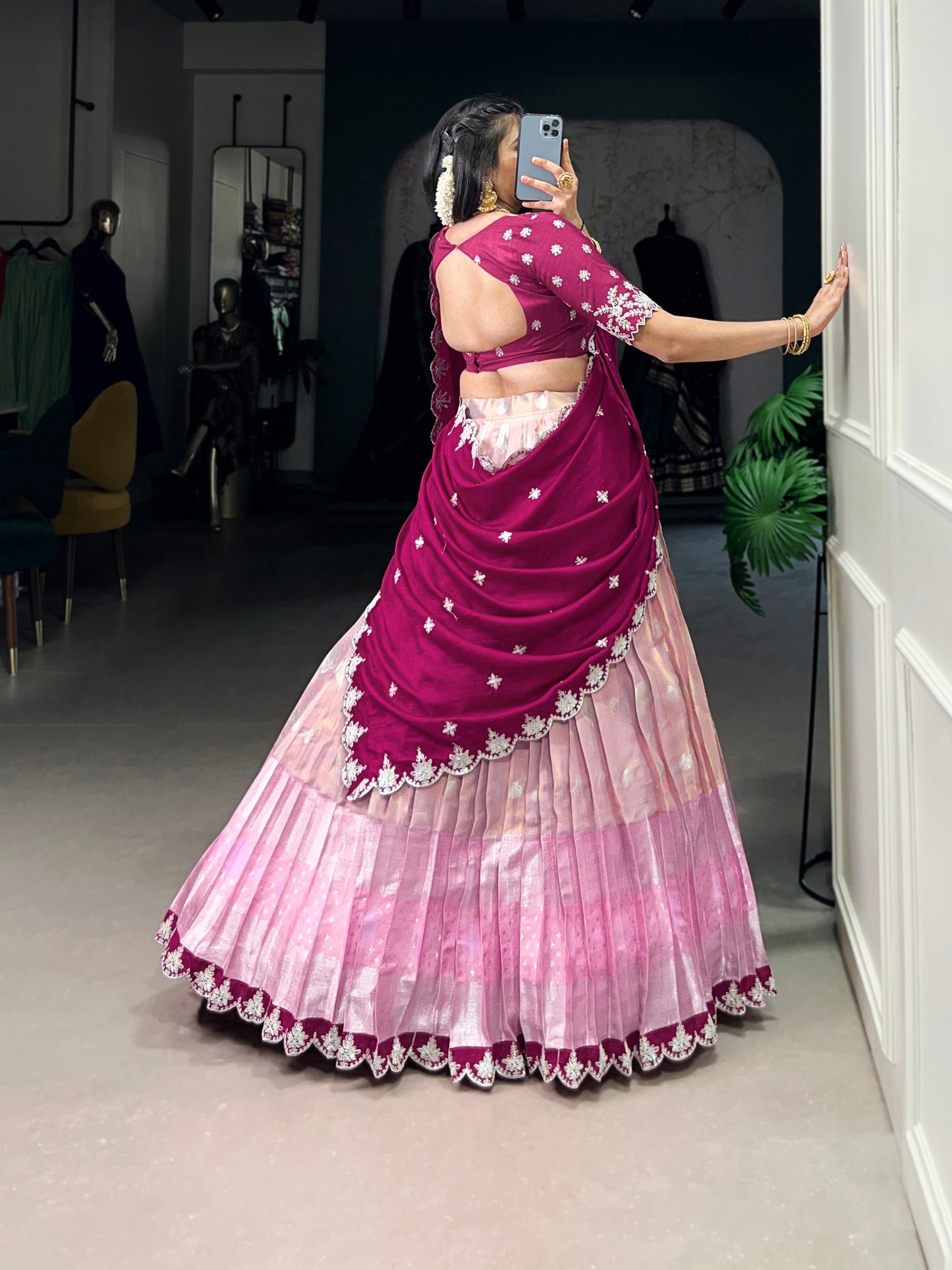 Lorenvalley Pink Zari Kota Zari Weaving Work With Sequins and Thread Embroidery Scallop Lace Border Lehenga Choli with Dupatta | Swadesiicart
