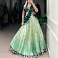 Lorenvalley Pista Zari Kota Zari Weaving Work With Sequins and Thread Embroidery Scallop Lace Border Lehenga Choli with Dupatta | Swadesiicart