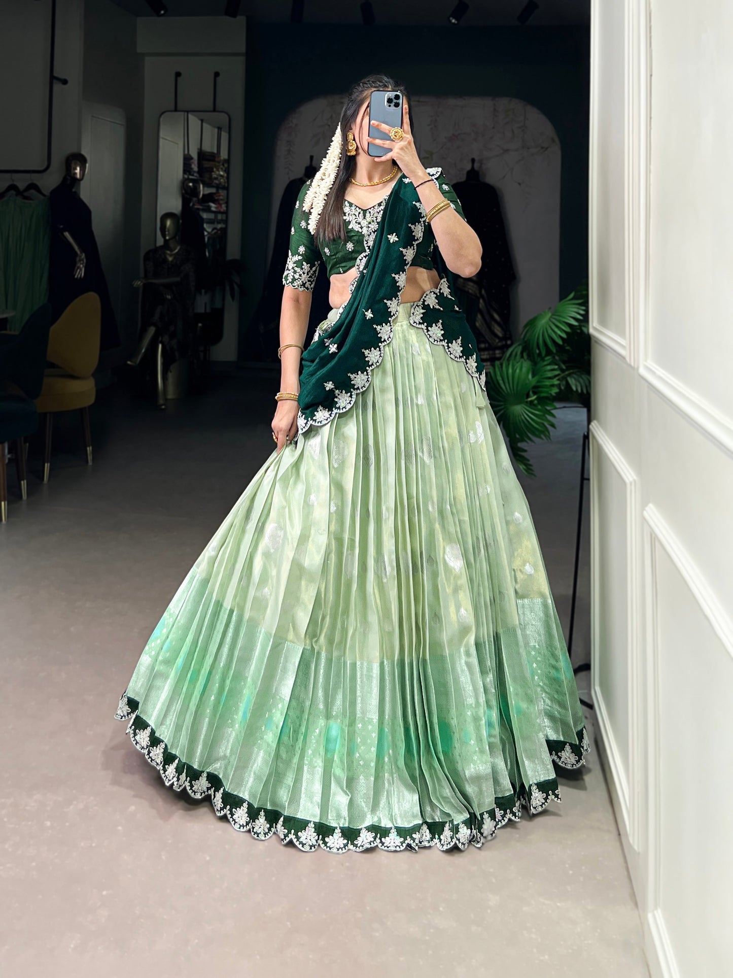 Lorenvalley Pista Zari Kota Zari Weaving Work With Sequins and Thread Embroidery Scallop Lace Border Lehenga Choli with Dupatta | Swadesiicart