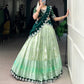 Lorenvalley Pista Zari Kota Zari Weaving Work With Sequins and Thread Embroidery Scallop Lace Border Lehenga Choli with Dupatta | Swadesiicart