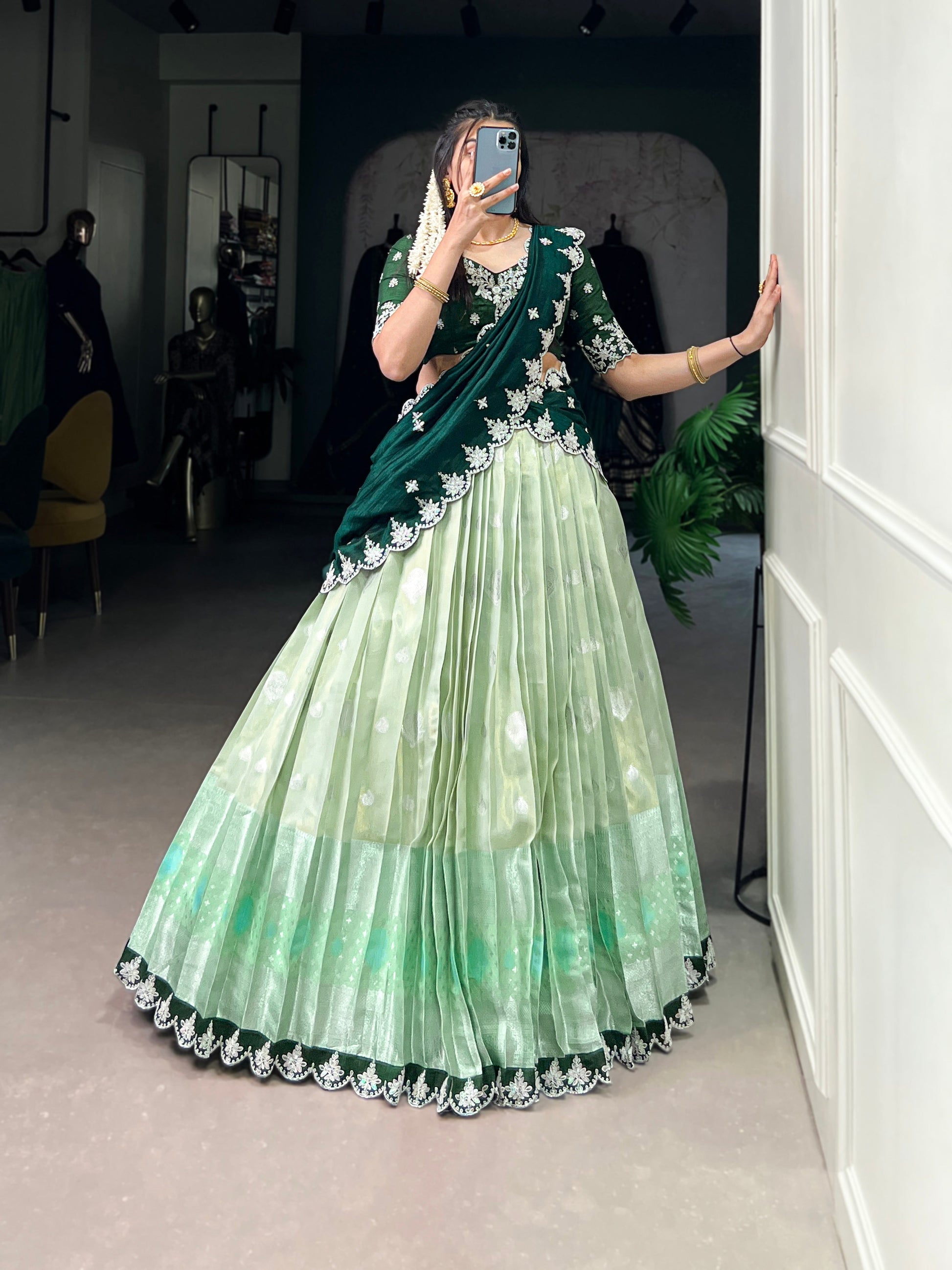 Lorenvalley Pista Zari Kota Zari Weaving Work With Sequins and Thread Embroidery Scallop Lace Border Lehenga Choli with Dupatta | Swadesiicart