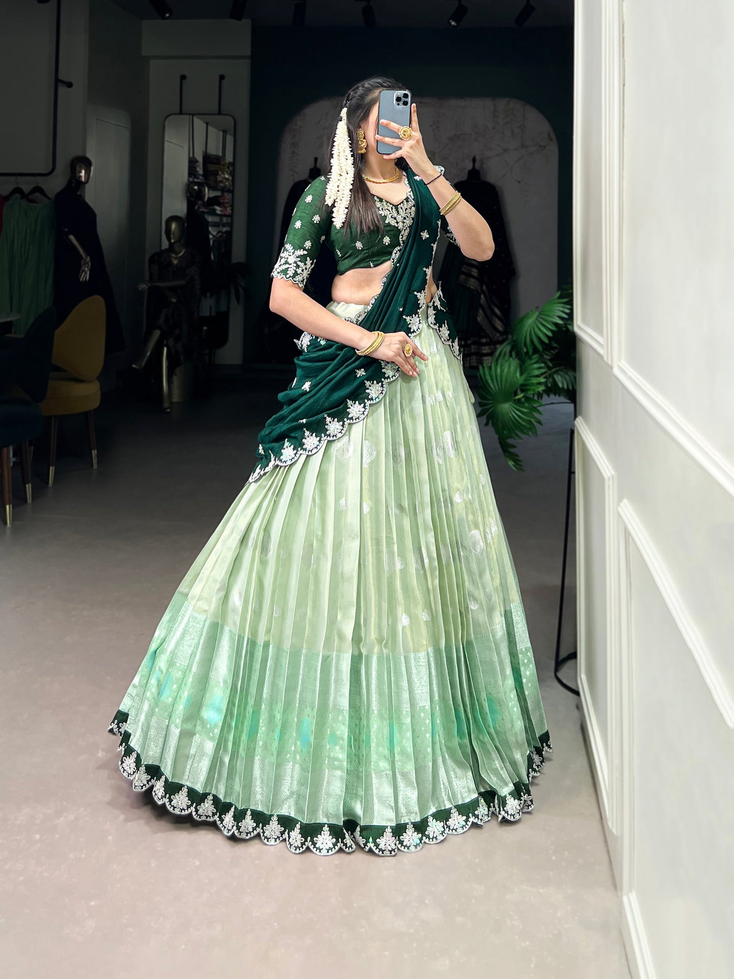 Lorenvalley Pista Zari Kota Zari Weaving Work With Sequins and Thread Embroidery Scallop Lace Border Lehenga Choli with Dupatta | Swadesiicart