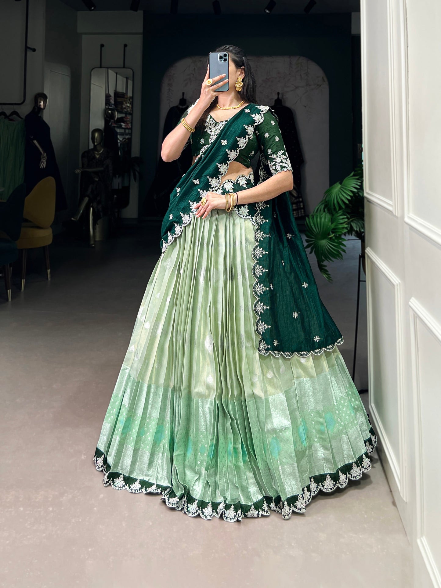 Lorenvalley Pista Zari Kota Zari Weaving Work With Sequins and Thread Embroidery Scallop Lace Border Lehenga Choli with Dupatta | Swadesiicart