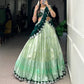 Lorenvalley Pista Zari Kota Zari Weaving Work With Sequins and Thread Embroidery Scallop Lace Border Lehenga Choli with Dupatta | Swadesiicart