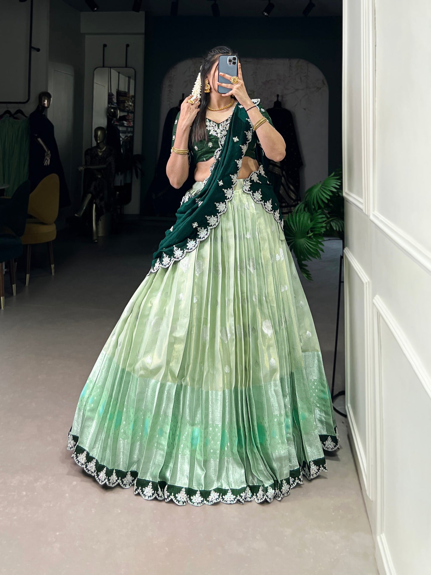 Lorenvalley Pista Zari Kota Zari Weaving Work With Sequins and Thread Embroidery Scallop Lace Border Lehenga Choli with Dupatta | Swadesiicart
