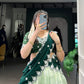 Lorenvalley Pista Zari Kota Zari Weaving Work With Sequins and Thread Embroidery Scallop Lace Border Lehenga Choli with Dupatta | Swadesiicart