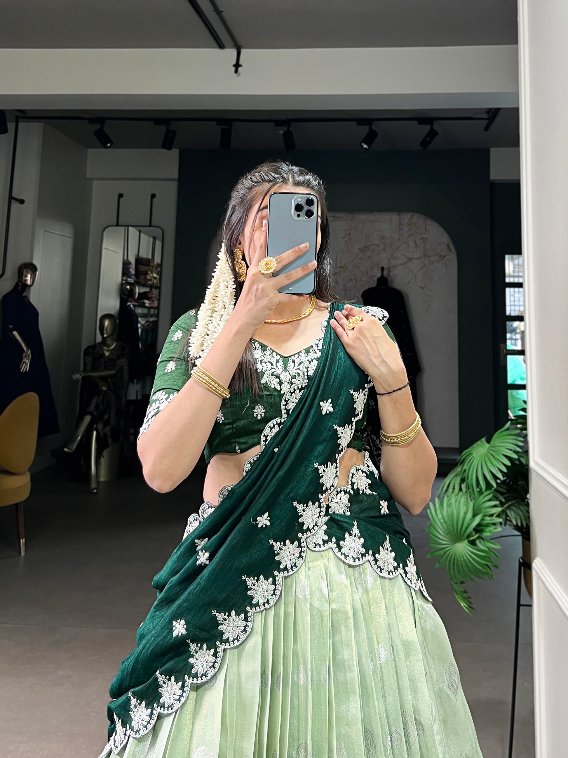 Lorenvalley Pista Zari Kota Zari Weaving Work With Sequins and Thread Embroidery Scallop Lace Border Lehenga Choli with Dupatta | Swadesiicart