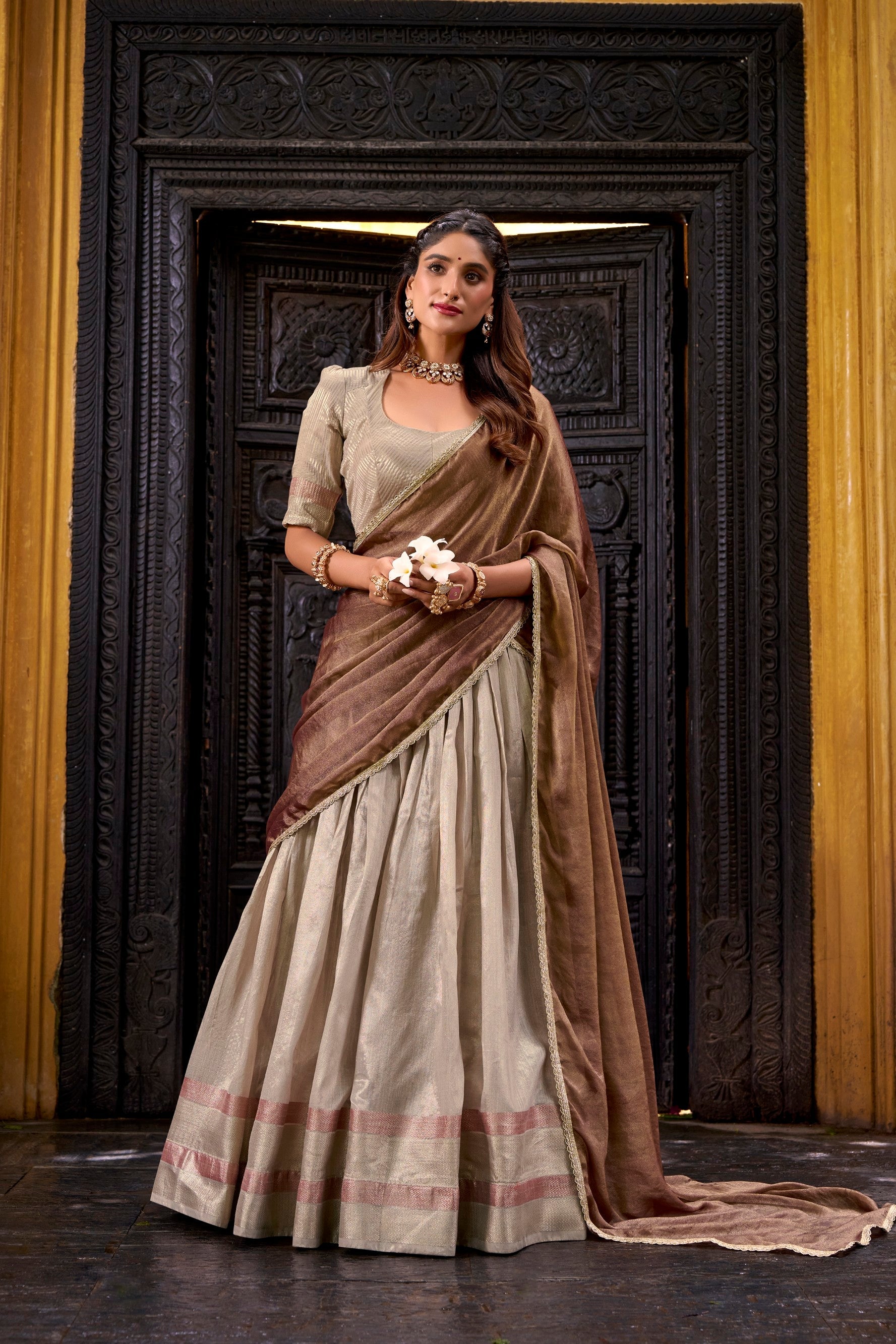 Lorenvalley Fashion Cream Dupion Silk Zari Weaving Work Lehenga Choli with Dupatta - Swadesiicart