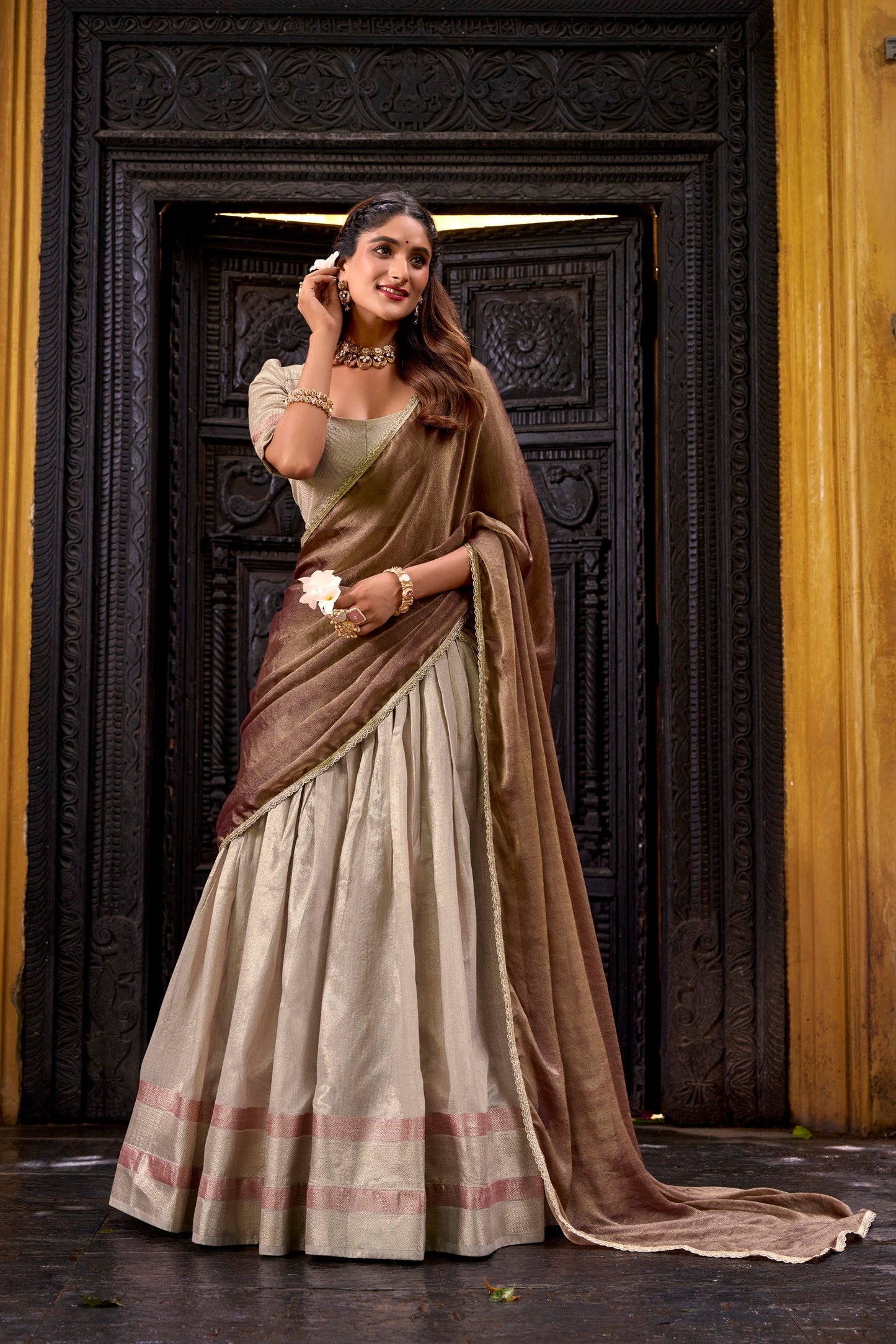 Lorenvalley Fashion Cream Dupion Silk Zari Weaving Work Lehenga Choli with Dupatta - Swadesiicart