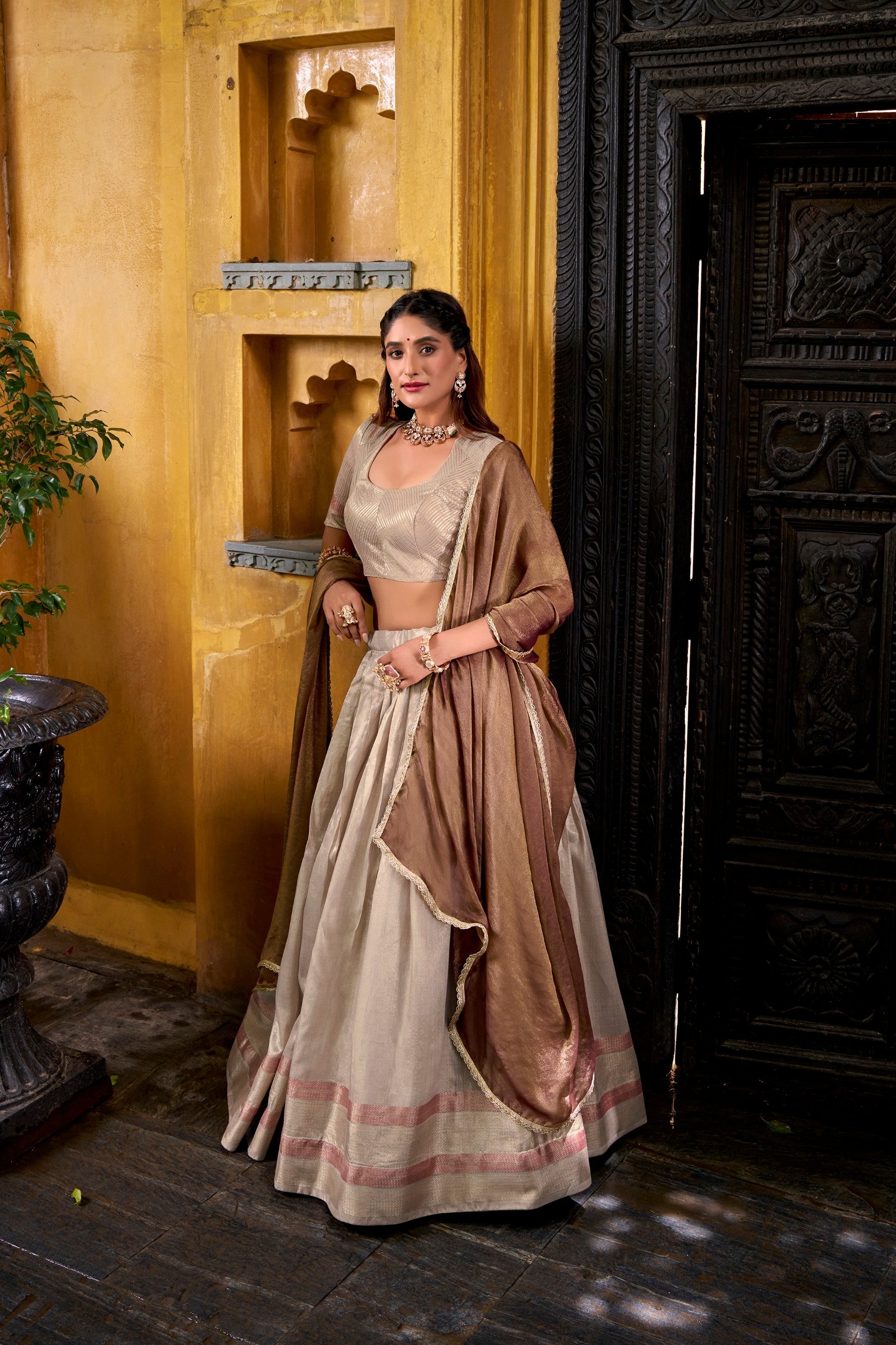 Lorenvalley Fashion Cream Dupion Silk Zari Weaving Work Lehenga Choli with Dupatta - Swadesiicart