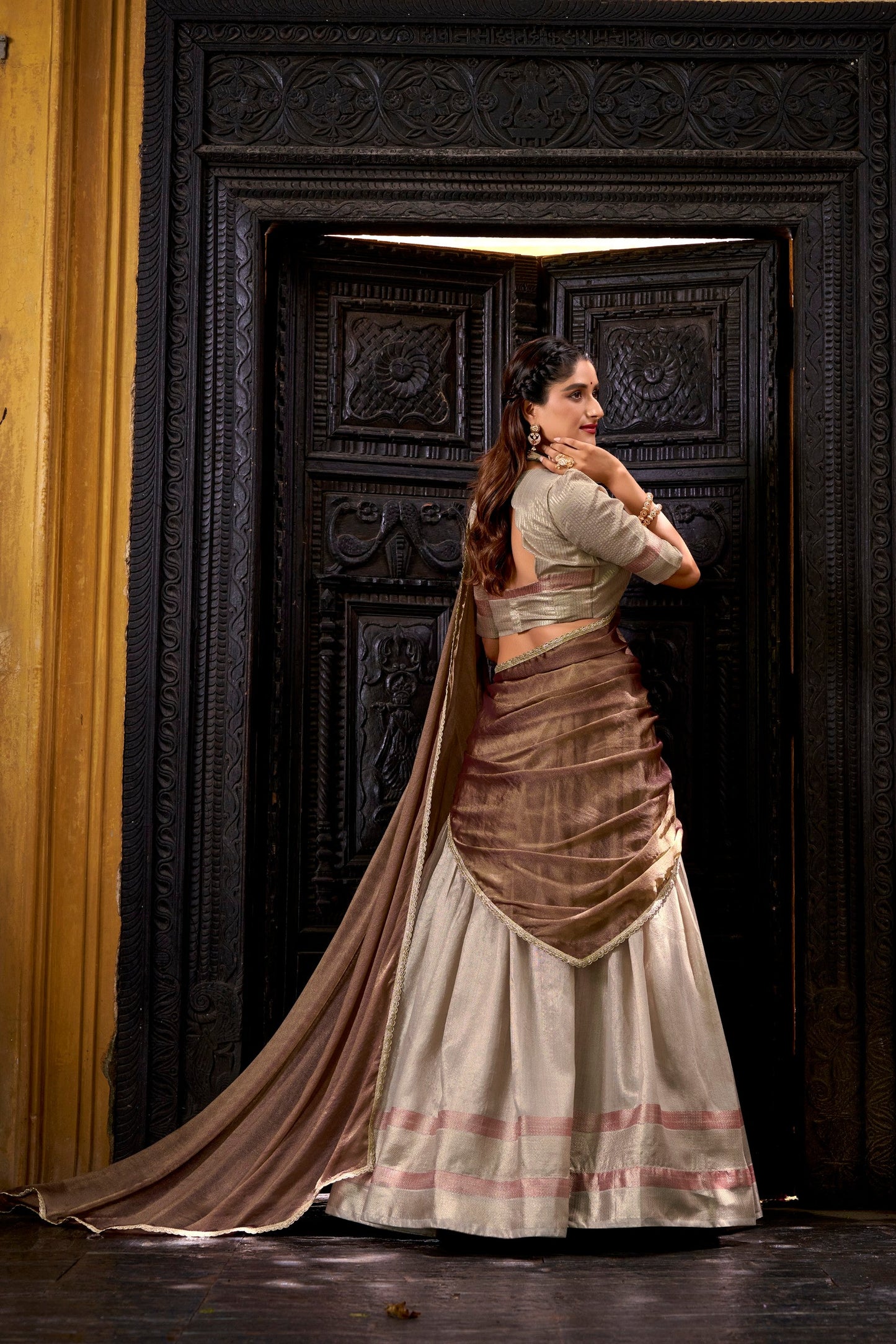Lorenvalley Fashion Cream Dupion Silk Zari Weaving Work Lehenga Choli with Dupatta - Swadesiicart