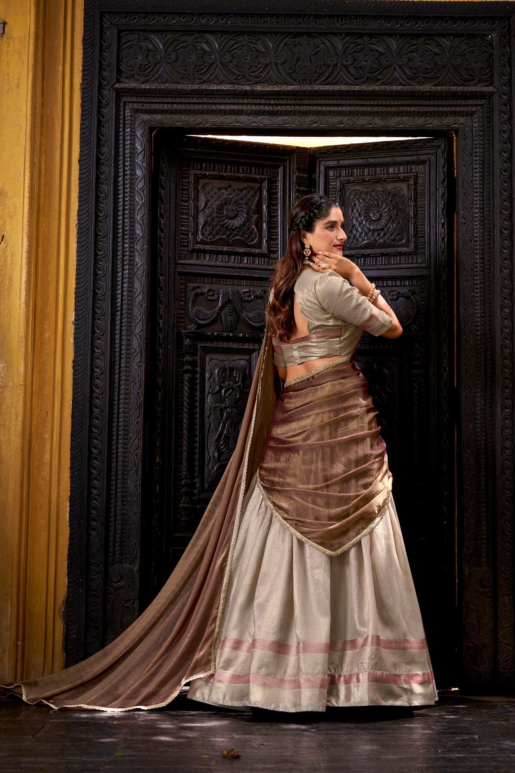 Lorenvalley Fashion Cream Dupion Silk Zari Weaving Work Lehenga Choli with Dupatta - Swadesiicart