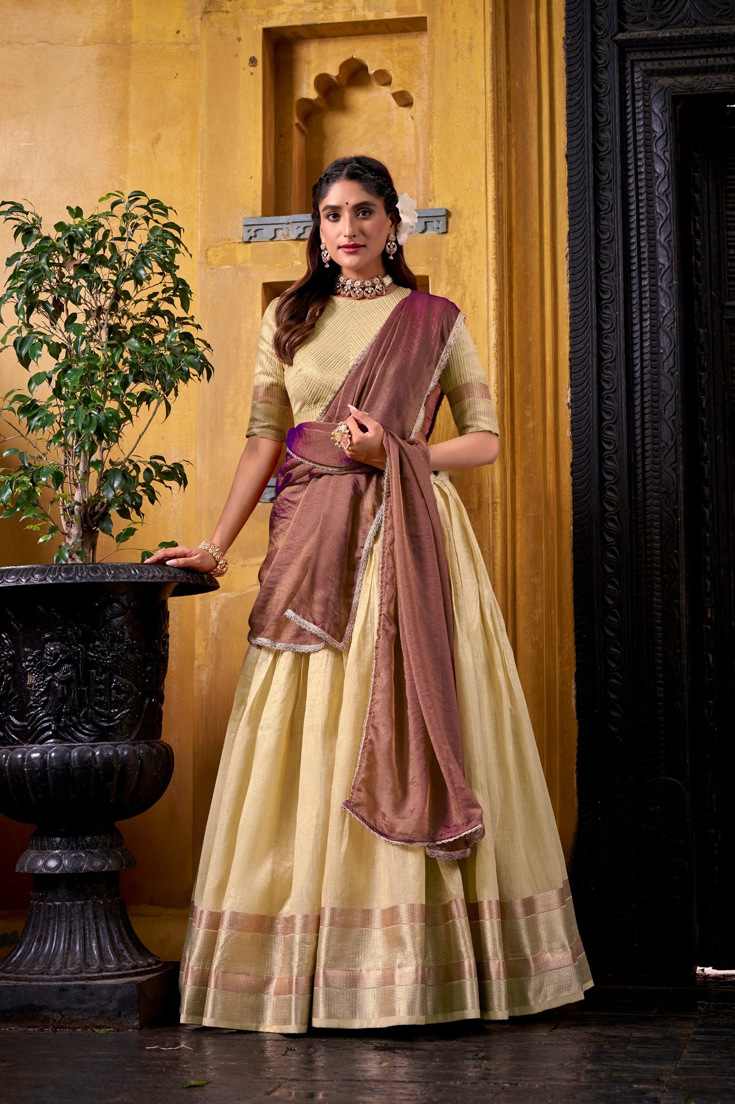Lorenvalley Fashion Yellow Dupion Silk Zari Weaving Work Lehenga Choli with Dupatta - Swadesiicart