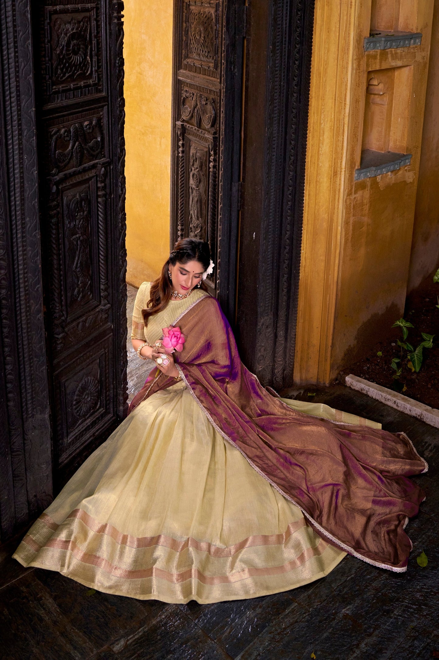 Lorenvalley Fashion Yellow Dupion Silk Zari Weaving Work Lehenga Choli with Dupatta - Swadesiicart