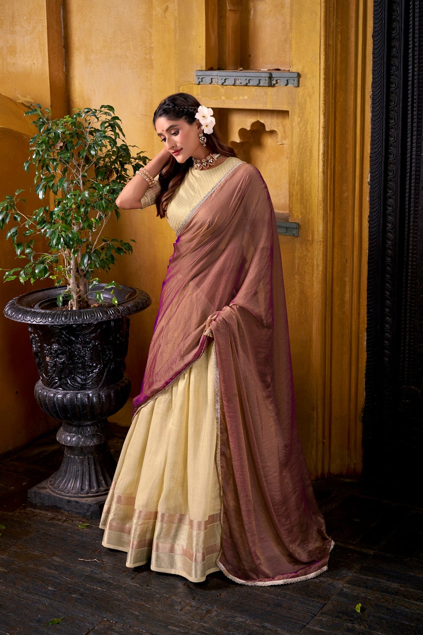 Lorenvalley Fashion Yellow Dupion Silk Zari Weaving Work Lehenga Choli with Dupatta - Swadesiicart