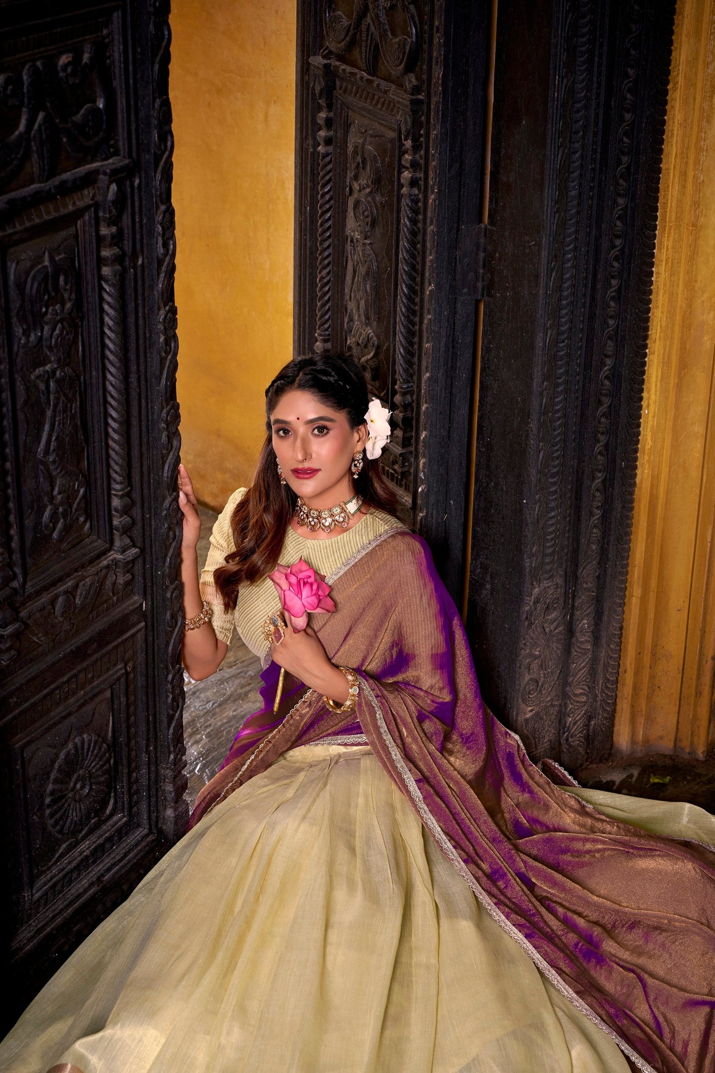 Lorenvalley Fashion Yellow Dupion Silk Zari Weaving Work Lehenga Choli with Dupatta - Swadesiicart