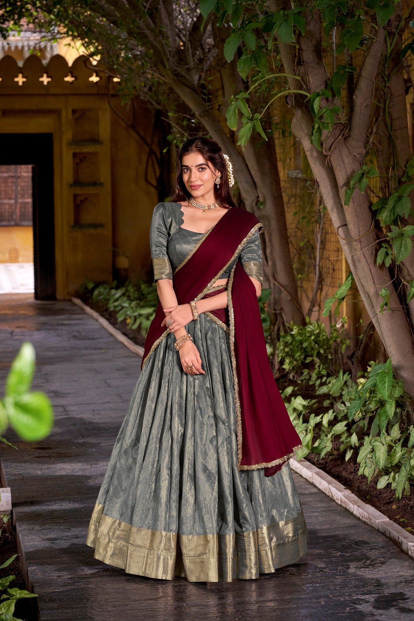 Lorenvalley Fashion Grey Dupion Silk Zari Weaving Work Lehenga Choli with Dupatta - Swadesiicart