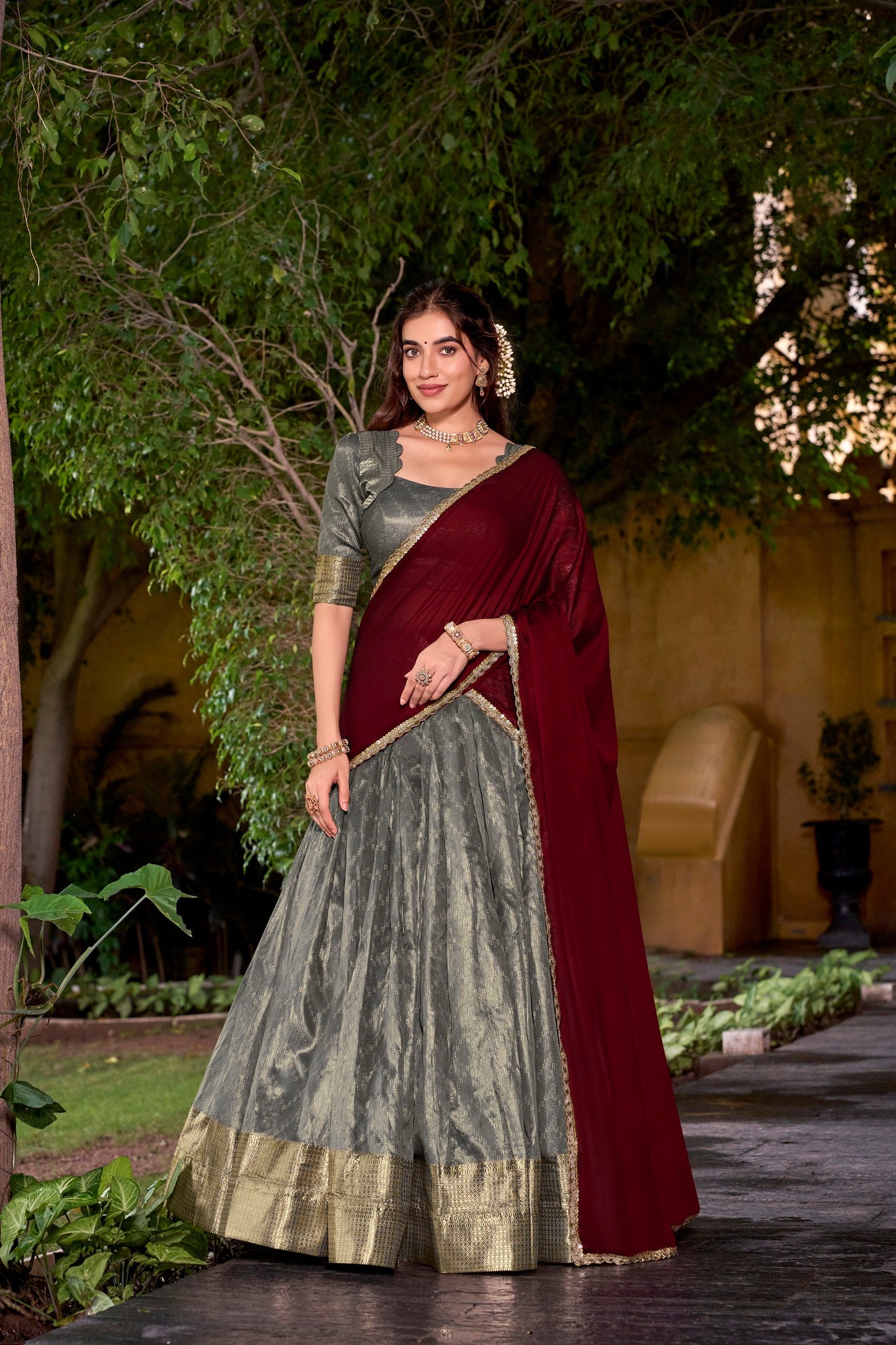 Lorenvalley Fashion Grey Dupion Silk Zari Weaving Work Lehenga Choli with Dupatta - Swadesiicart