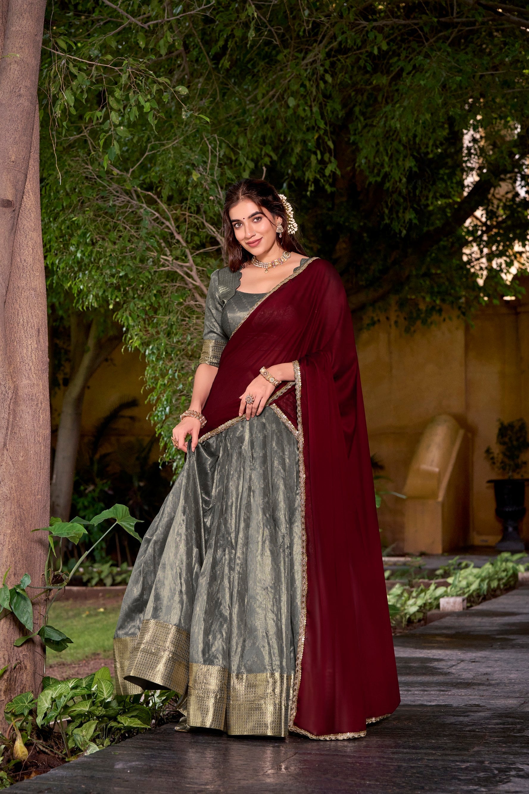 Lorenvalley Fashion Grey Dupion Silk Zari Weaving Work Lehenga Choli with Dupatta - Swadesiicart