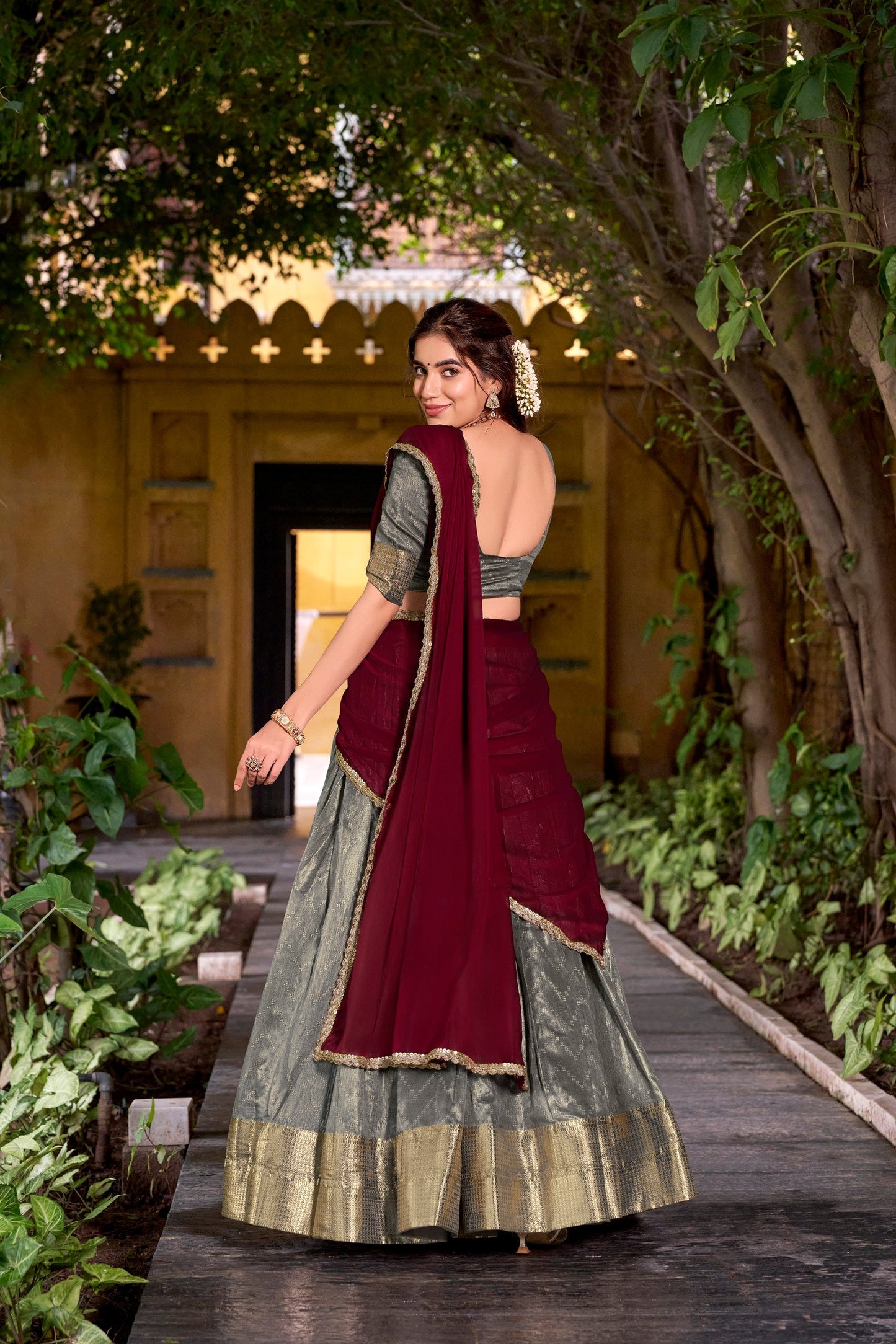 Lorenvalley Fashion Grey Dupion Silk Zari Weaving Work Lehenga Choli with Dupatta - Swadesiicart