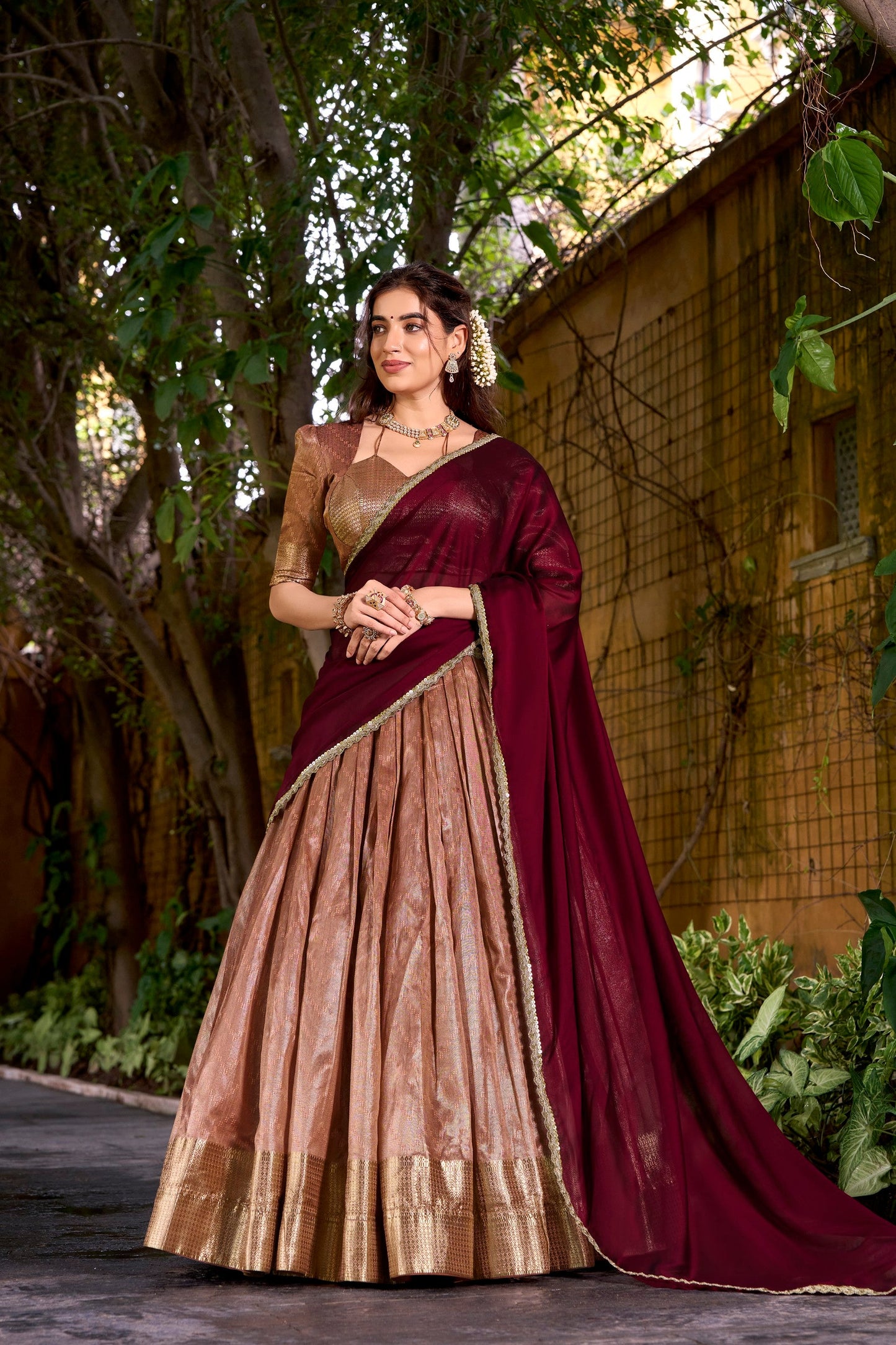 Lorenvalley Fashion Peach Dupion Silk Zari Weaving Work Lehenga Choli with Dupatta - Swadesiicart