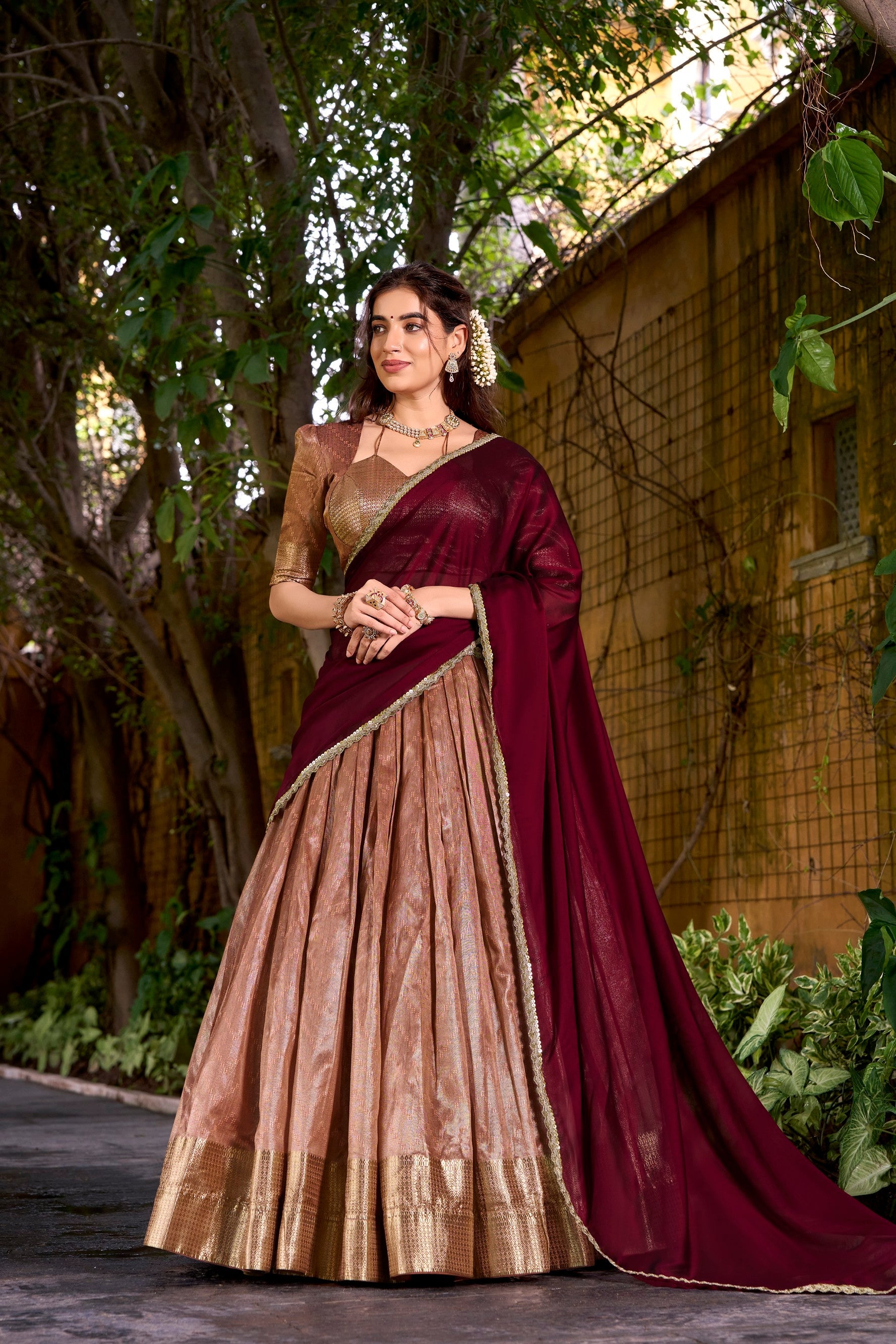 Lorenvalley Fashion Peach Dupion Silk Zari Weaving Work Lehenga Choli with Dupatta - Swadesiicart