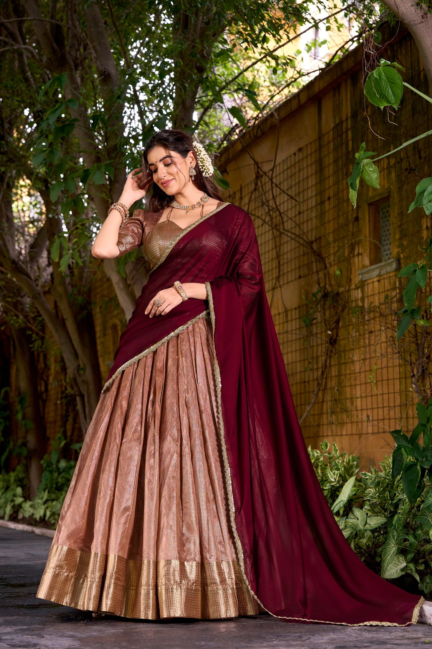 Lorenvalley Fashion Peach Dupion Silk Zari Weaving Work Lehenga Choli with Dupatta - Swadesiicart