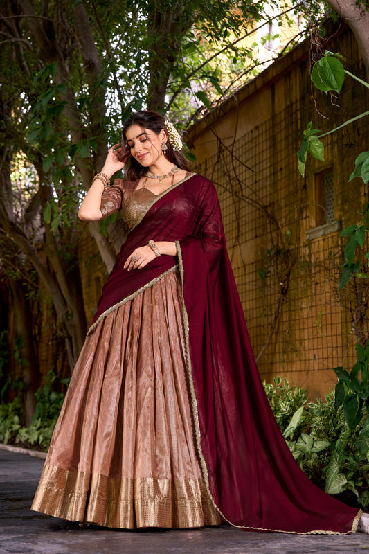 Lorenvalley Fashion Peach Dupion Silk Zari Weaving Work Lehenga Choli with Dupatta - Swadesiicart