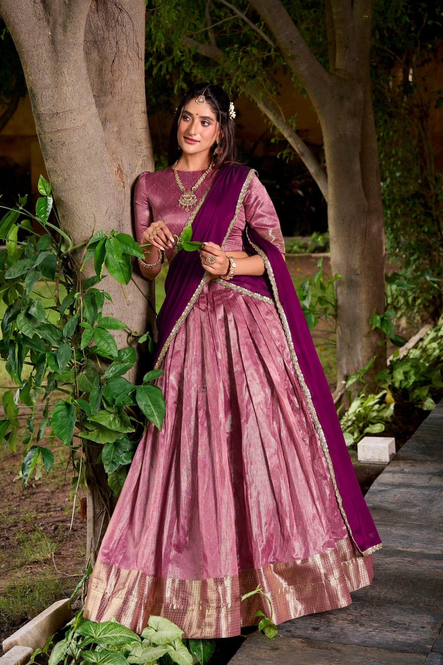 Lorenvalley Fashion Pink Dupion Silk Zari Weaving Work Lehenga Choli with Dupatta - Swadesiicart