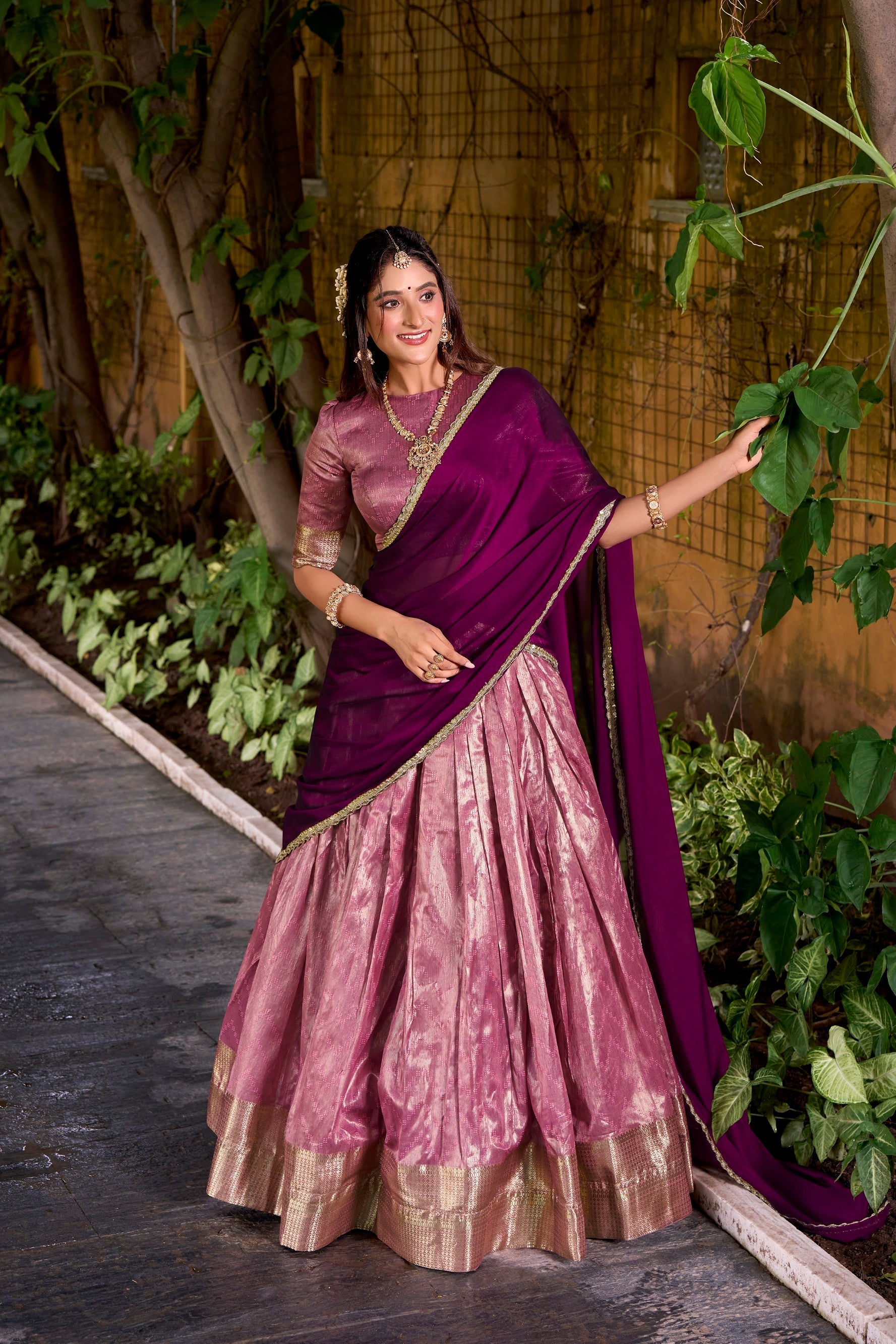 Lorenvalley Fashion Pink Dupion Silk Zari Weaving Work Lehenga Choli with Dupatta - Swadesiicart