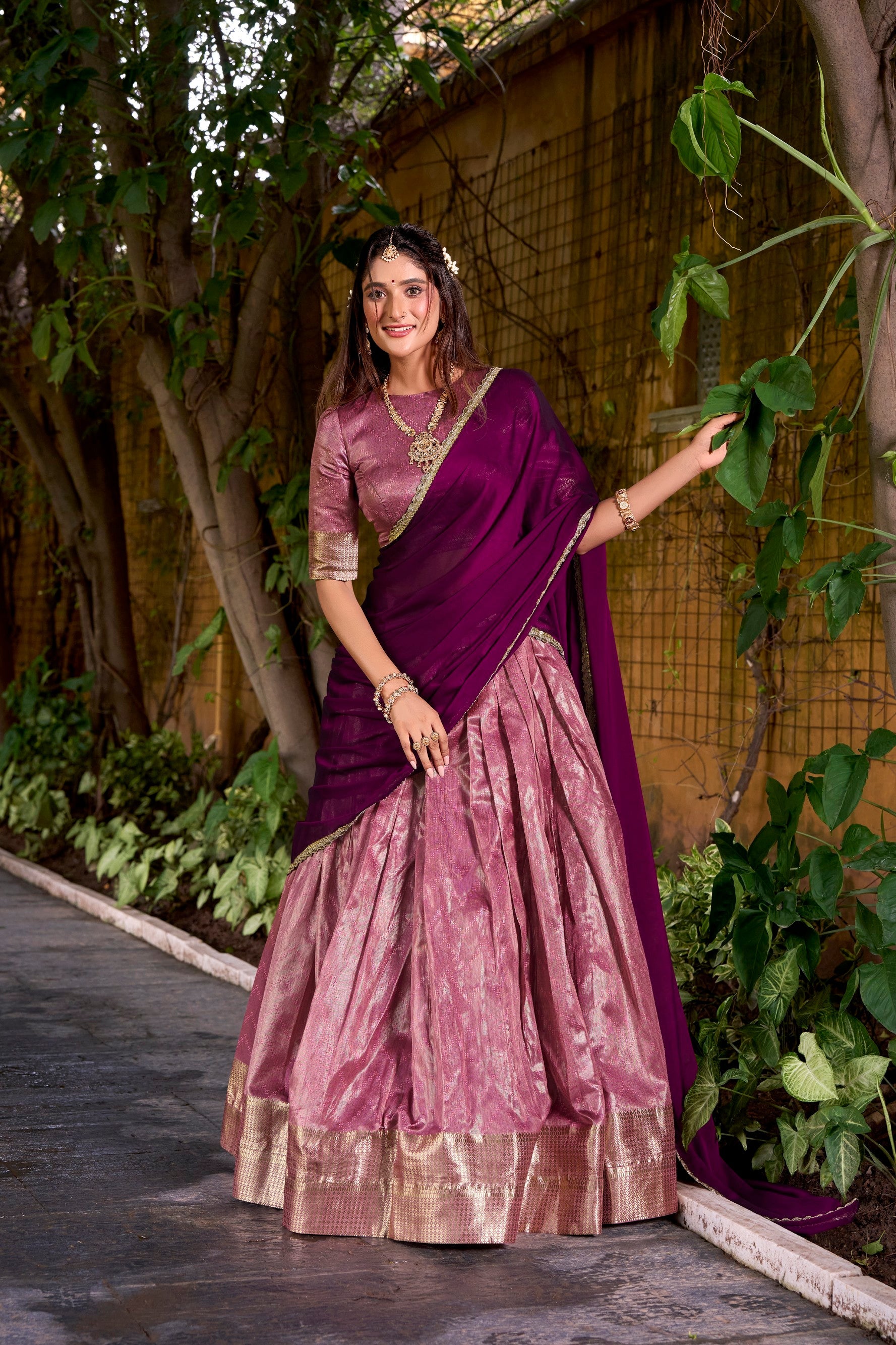 Lorenvalley Fashion Pink Dupion Silk Zari Weaving Work Lehenga Choli with Dupatta - Swadesiicart