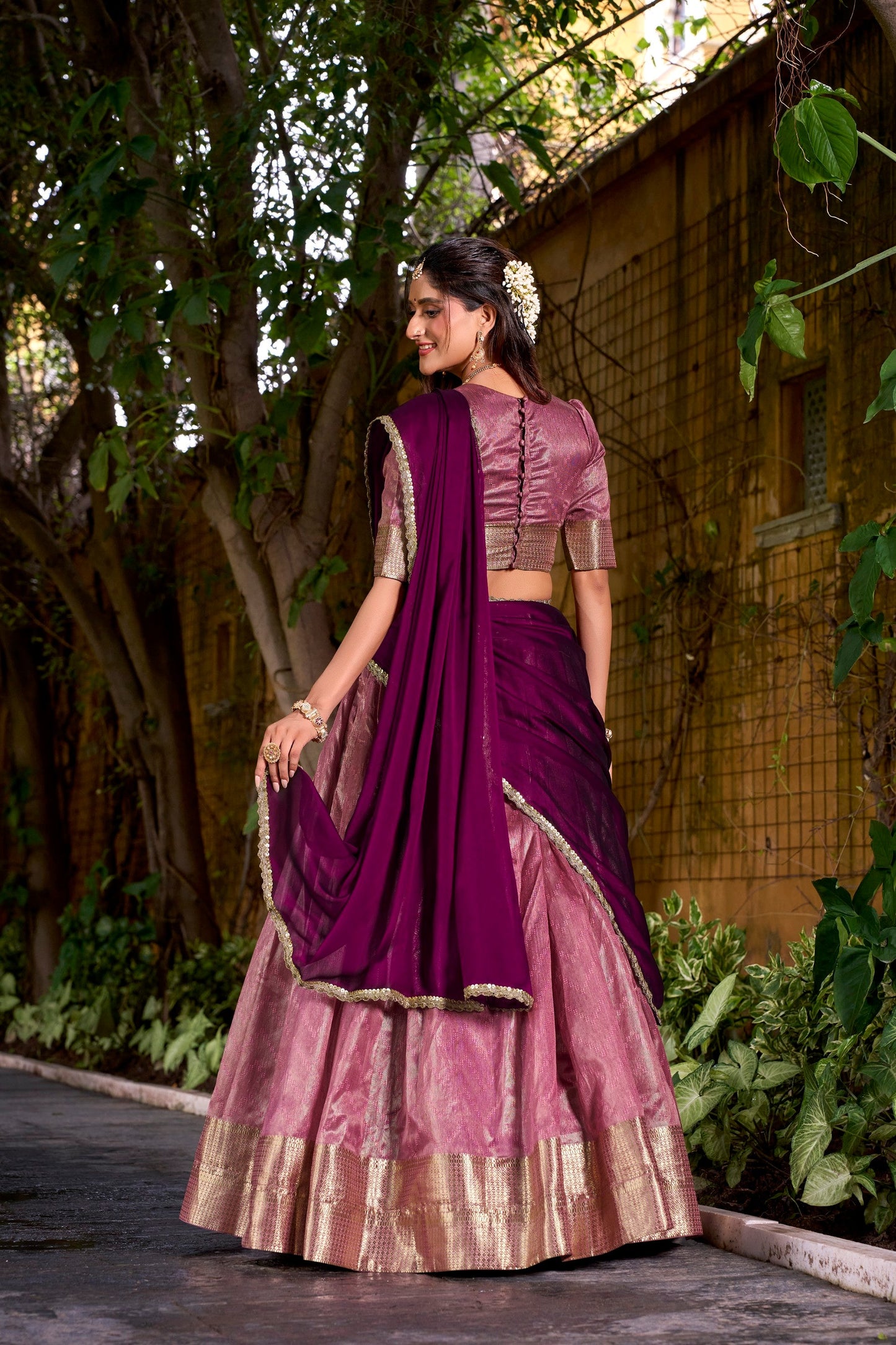 Lorenvalley Fashion Pink Dupion Silk Zari Weaving Work Lehenga Choli with Dupatta - Swadesiicart