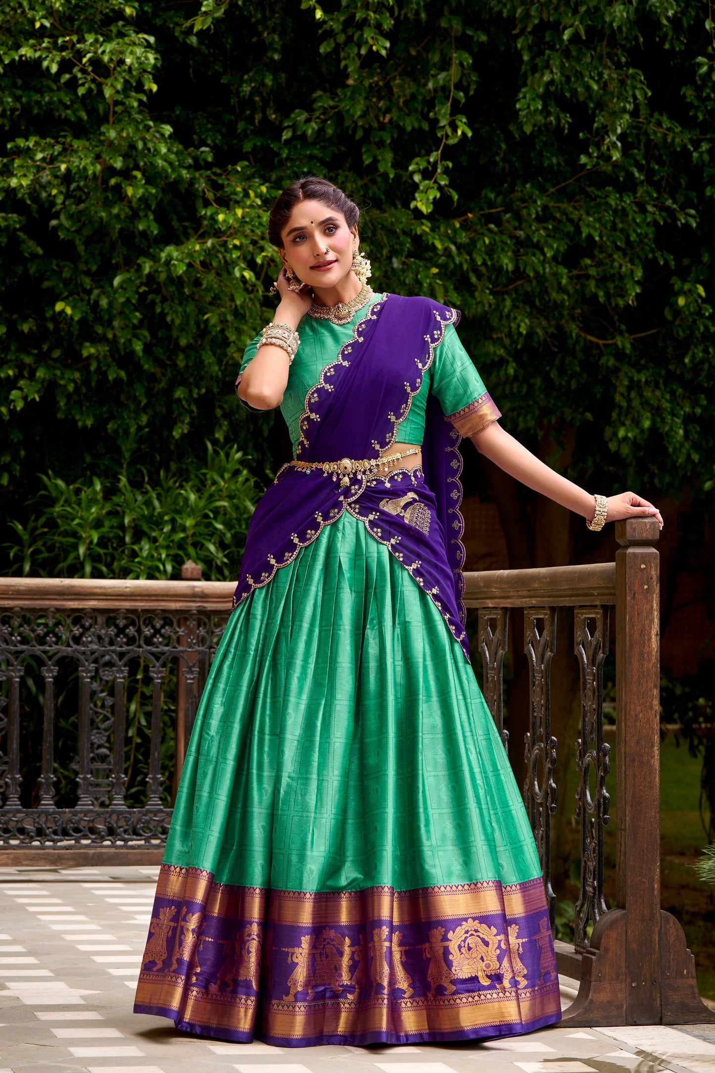 Lorenvalley Fashion Green Poly Cotton Zari Weaving Work Lehenga Choli with Dupatta - Swadesiicart
