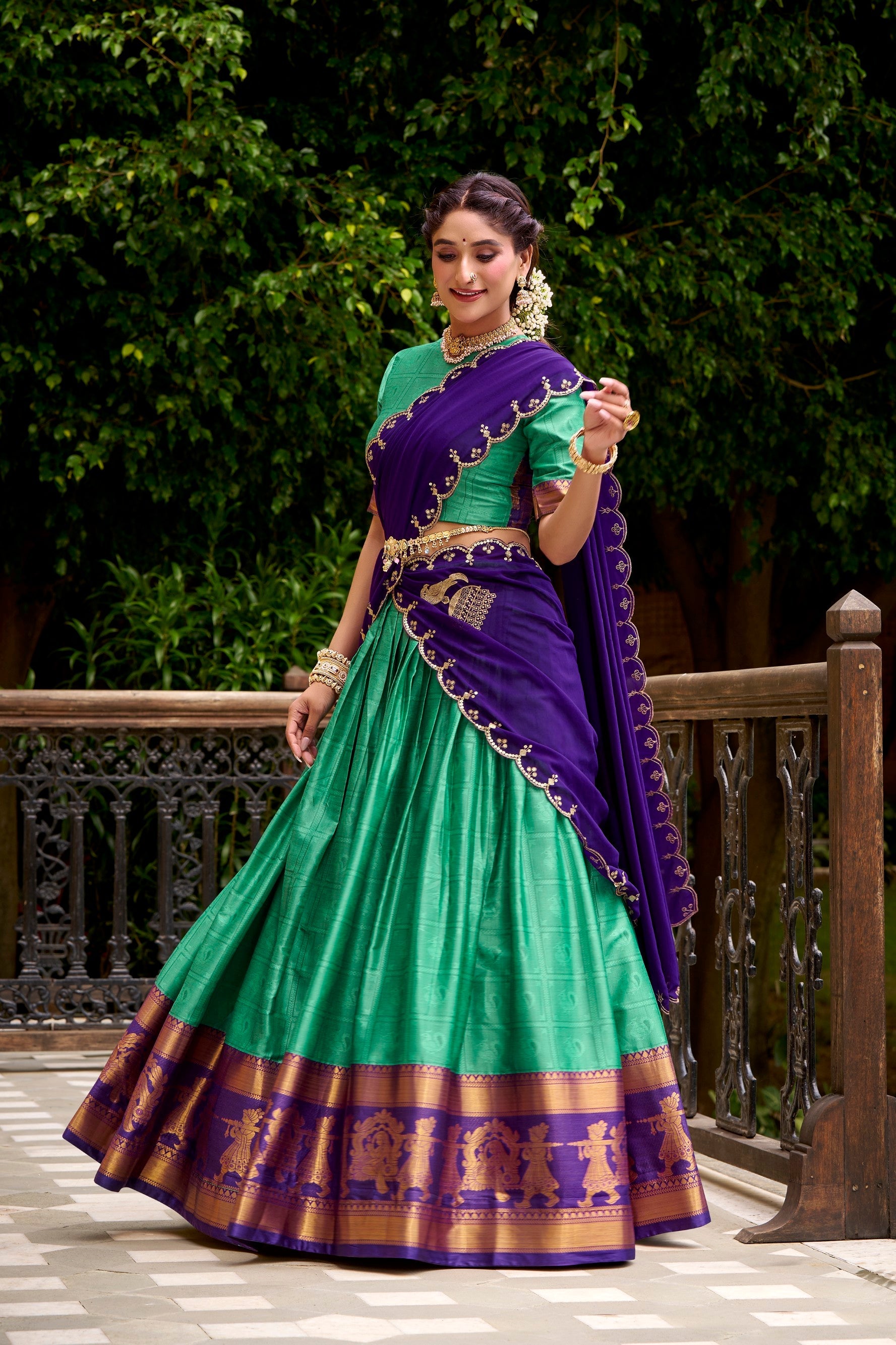 Lorenvalley Fashion Green Poly Cotton Zari Weaving Work Lehenga Choli with Dupatta - Swadesiicart