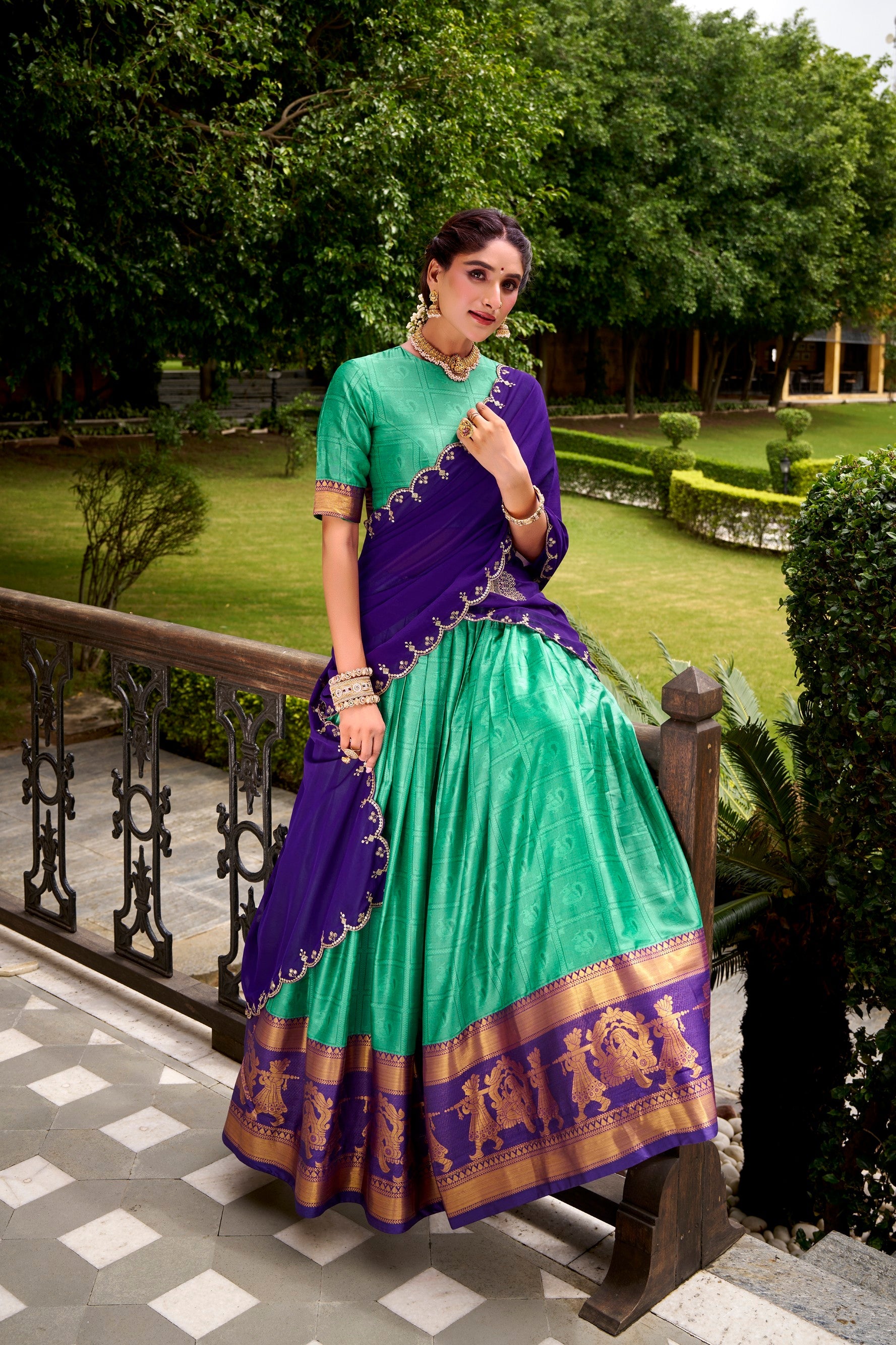 Lorenvalley Fashion Green Poly Cotton Zari Weaving Work Lehenga Choli with Dupatta - Swadesiicart