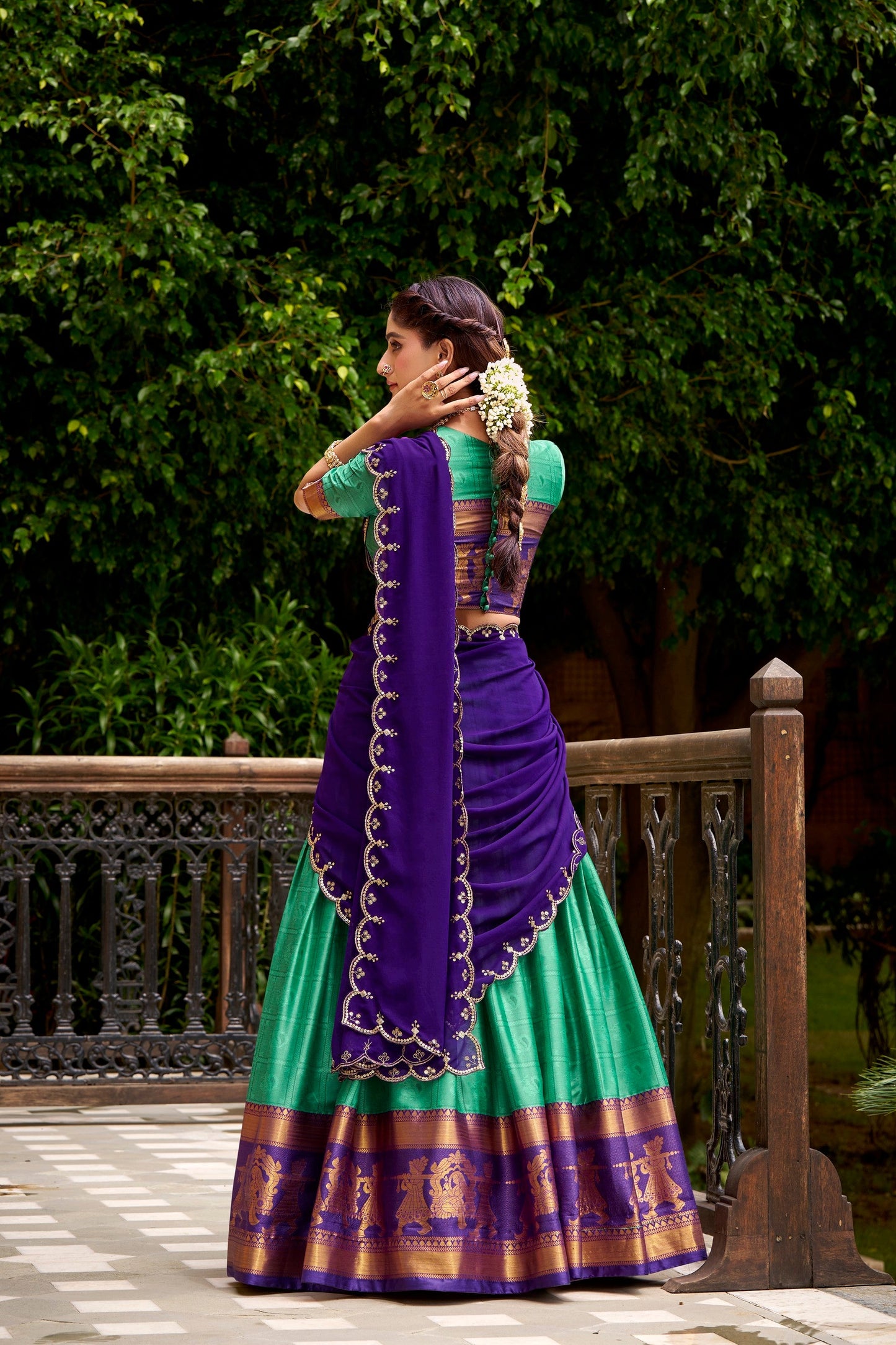 Lorenvalley Fashion Green Poly Cotton Zari Weaving Work Lehenga Choli with Dupatta - Swadesiicart