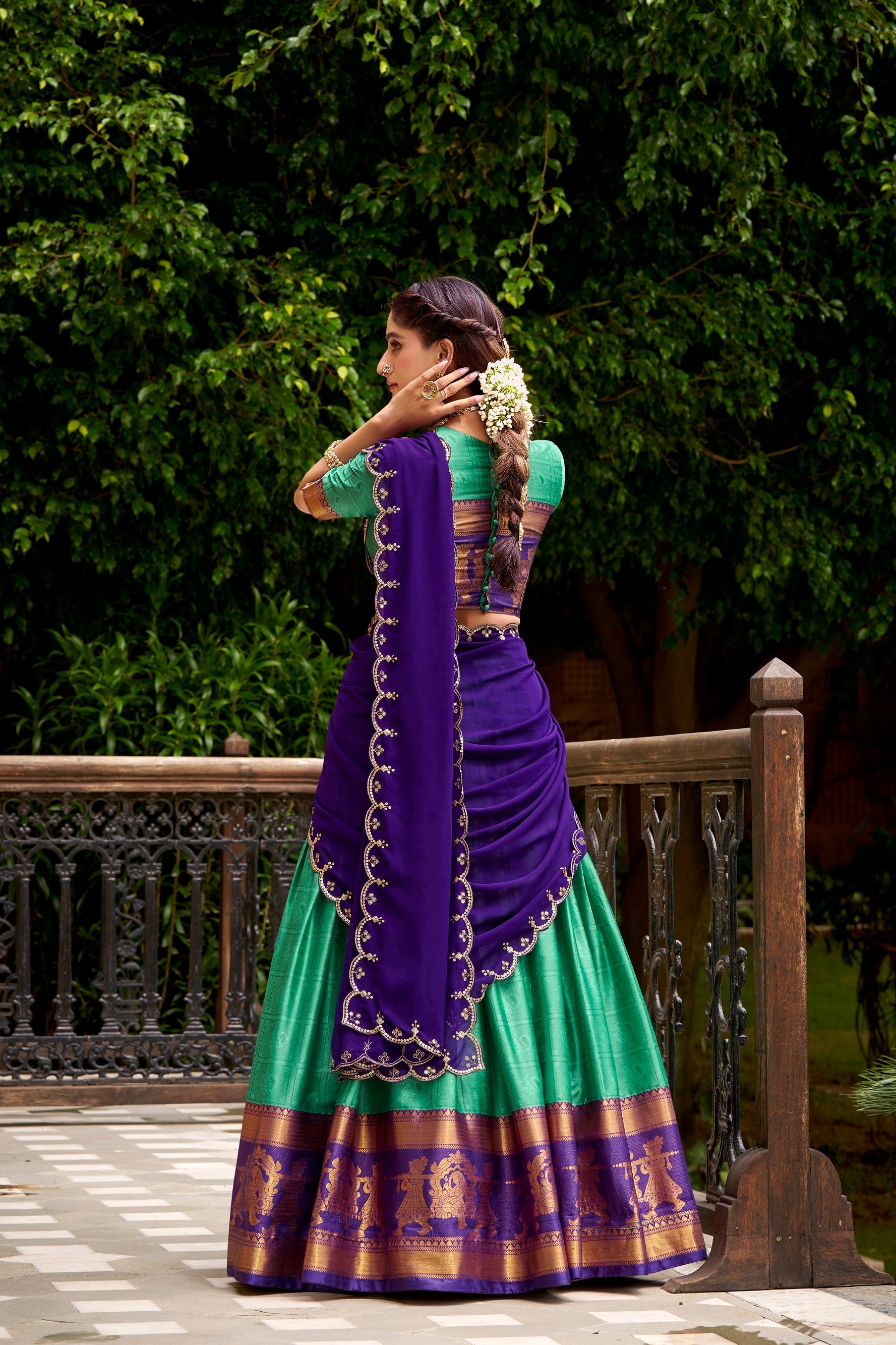 Lorenvalley Fashion Green Poly Cotton Zari Weaving Work Lehenga Choli with Dupatta - Swadesiicart
