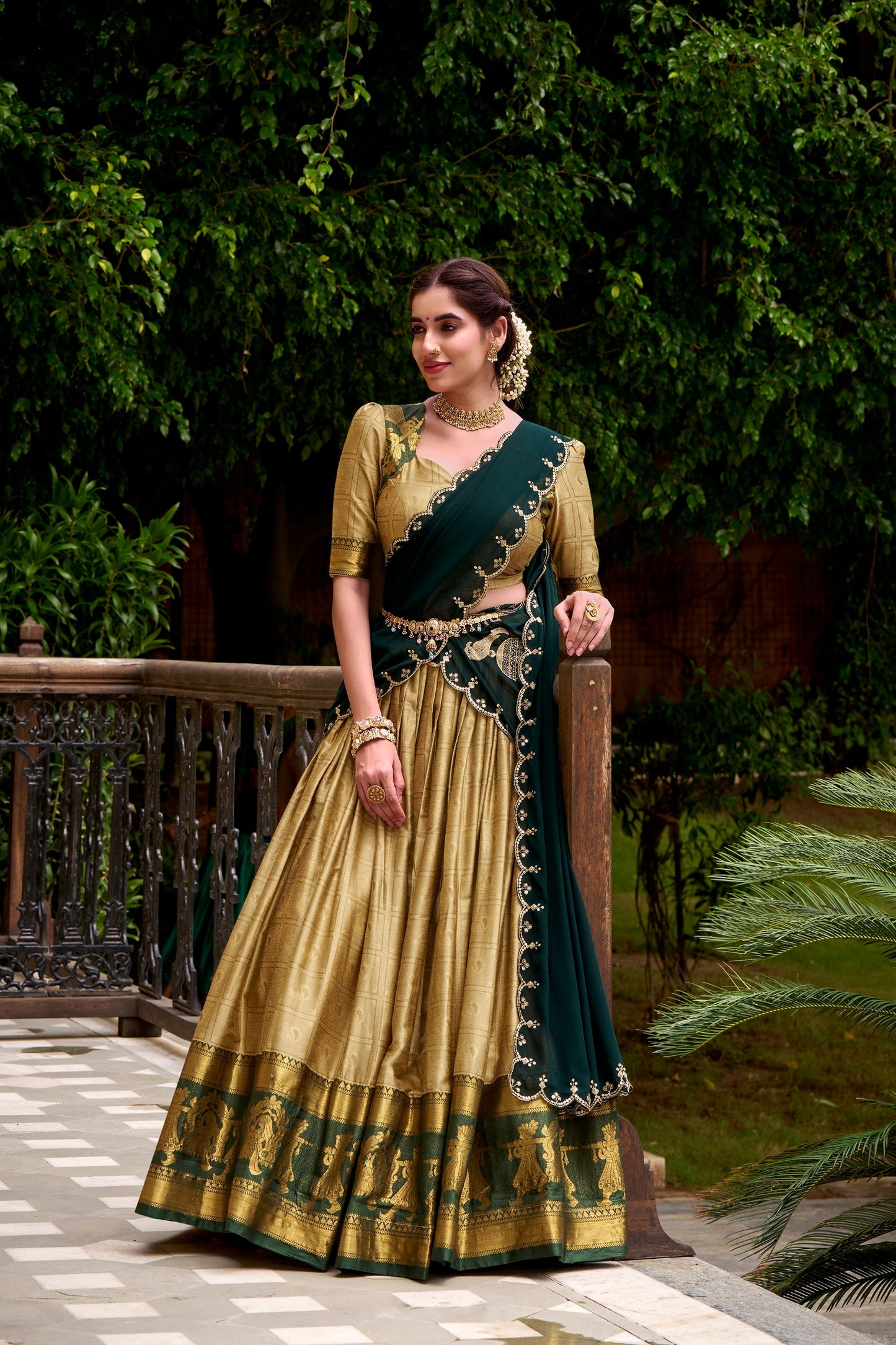 Lorenvalley Fashion Cream Poly Cotton Zari Weaving Work Lehenga Choli with Dupatta - Swadesiicart