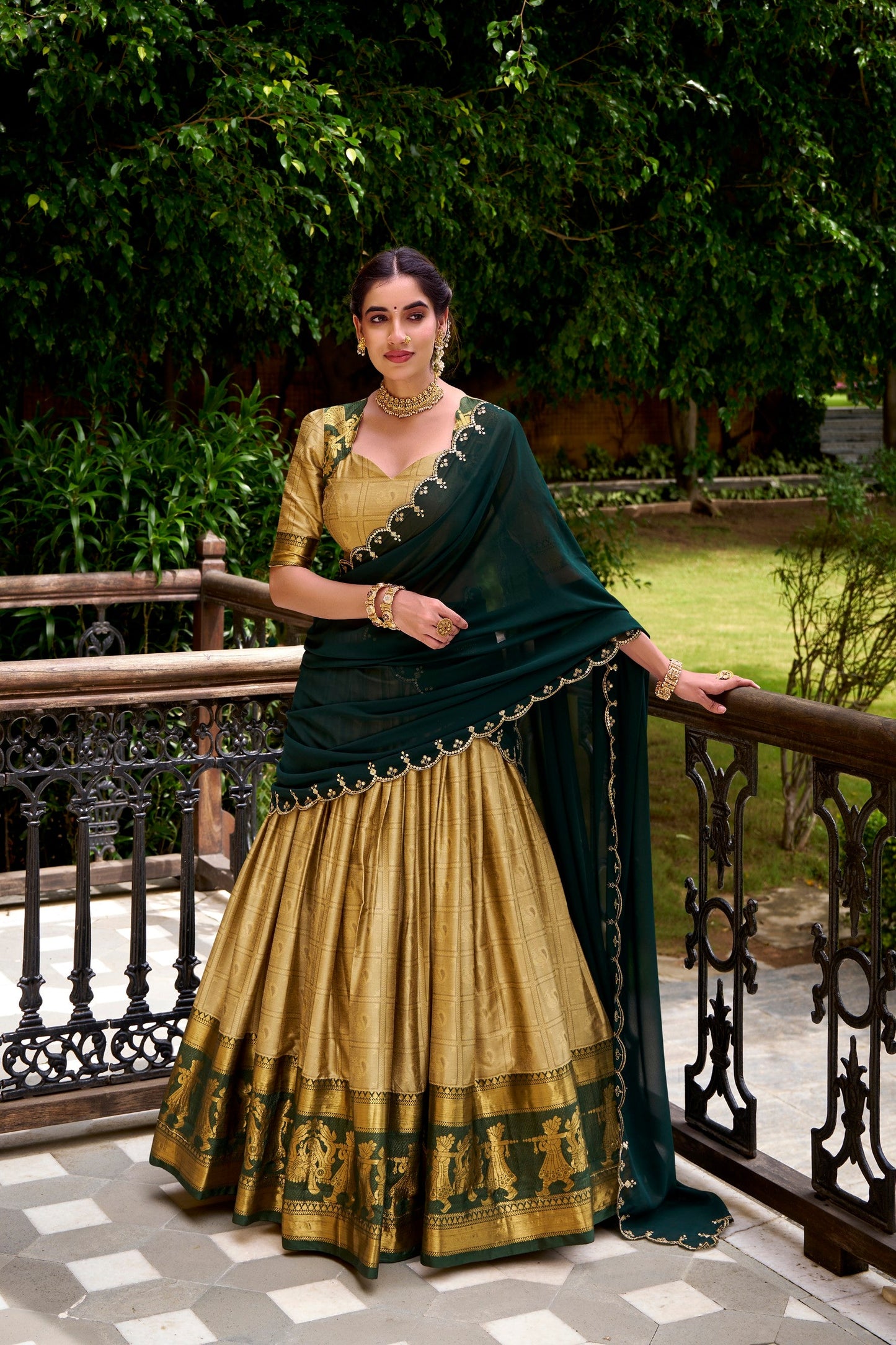 Lorenvalley Fashion Cream Poly Cotton Zari Weaving Work Lehenga Choli with Dupatta - Swadesiicart