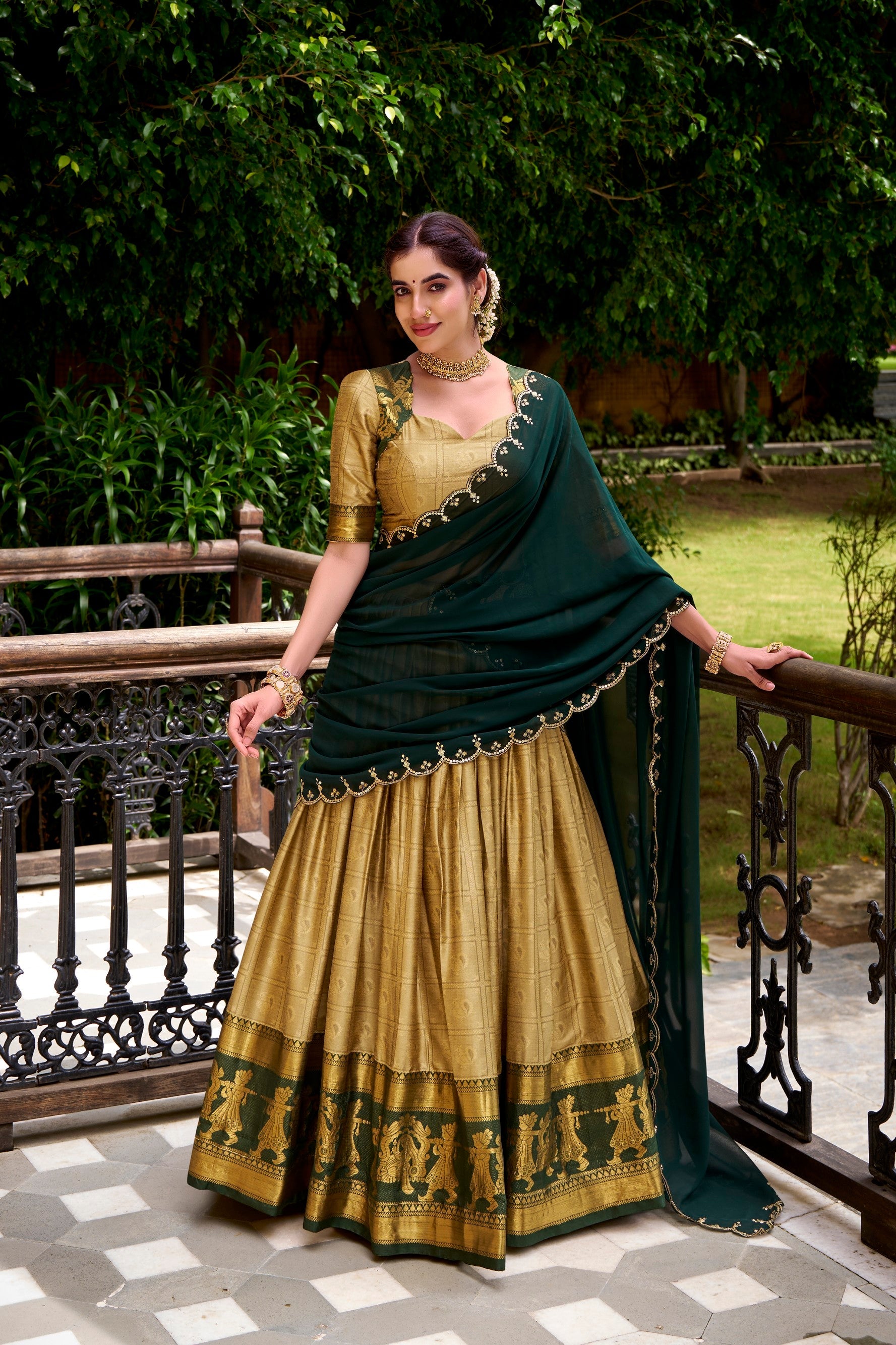 Lorenvalley Fashion Cream Poly Cotton Zari Weaving Work Lehenga Choli with Dupatta - Swadesiicart