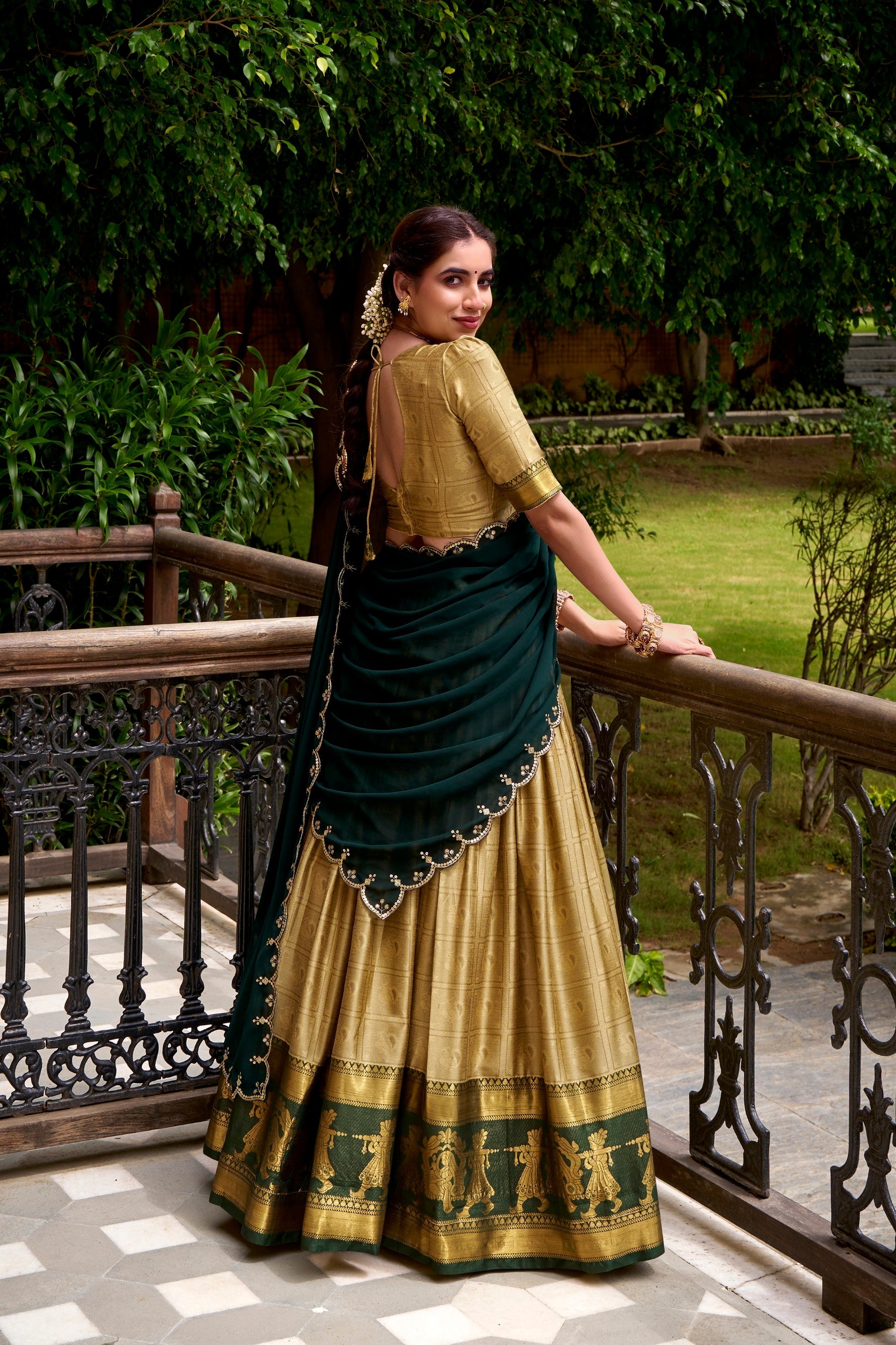 Lorenvalley Fashion Cream Poly Cotton Zari Weaving Work Lehenga Choli with Dupatta - Swadesiicart