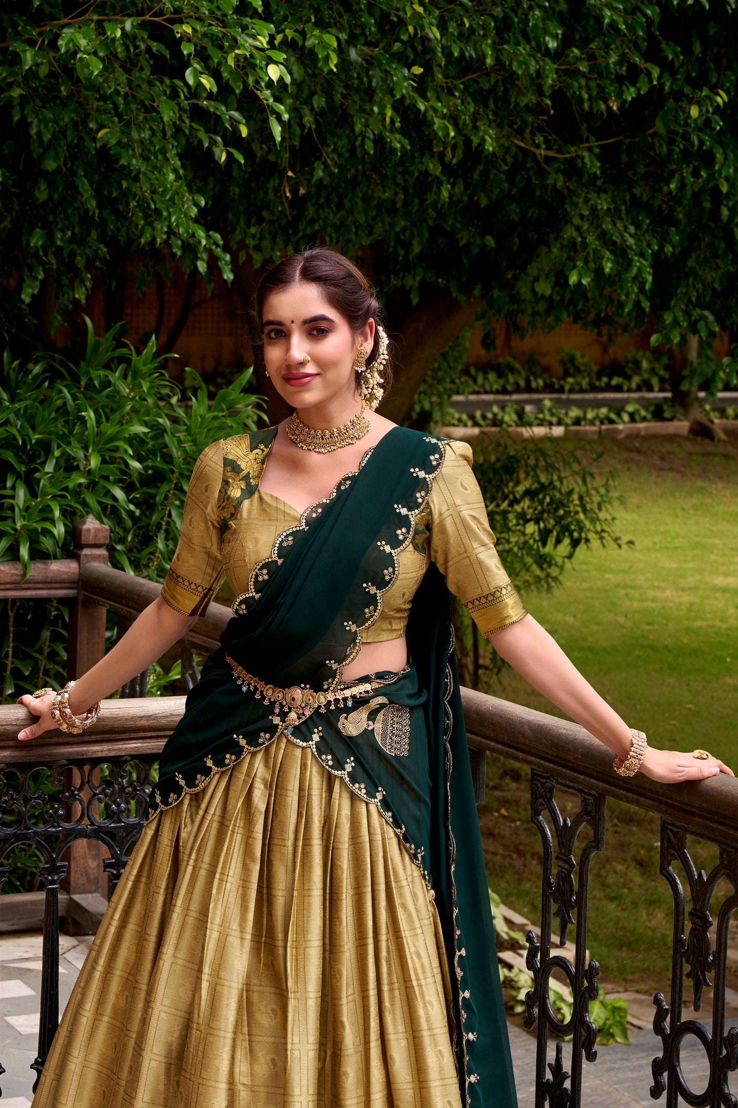 Lorenvalley Fashion Cream Poly Cotton Zari Weaving Work Lehenga Choli with Dupatta - Swadesiicart
