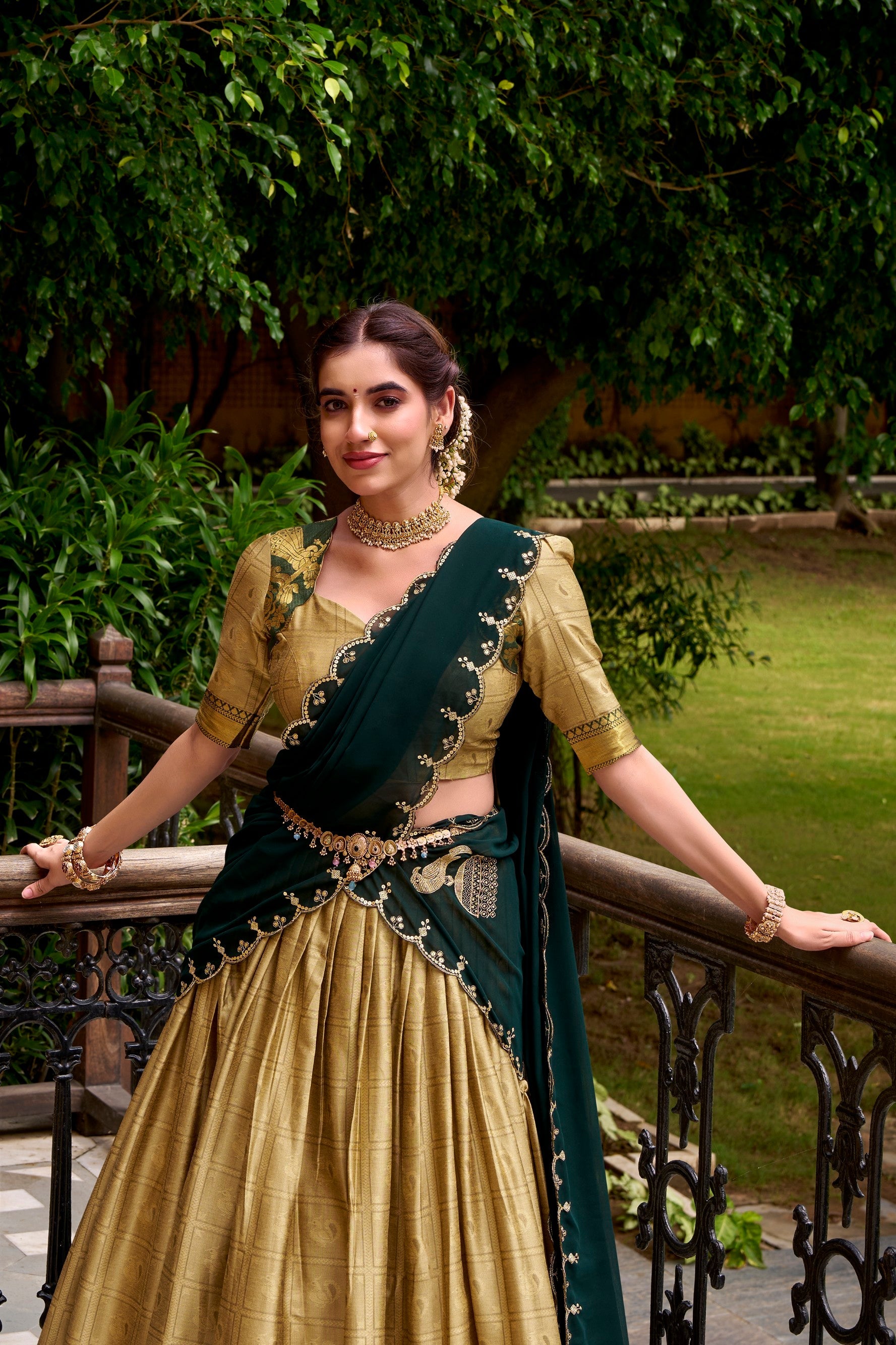 Lorenvalley Fashion Cream Poly Cotton Zari Weaving Work Lehenga Choli with Dupatta - Swadesiicart